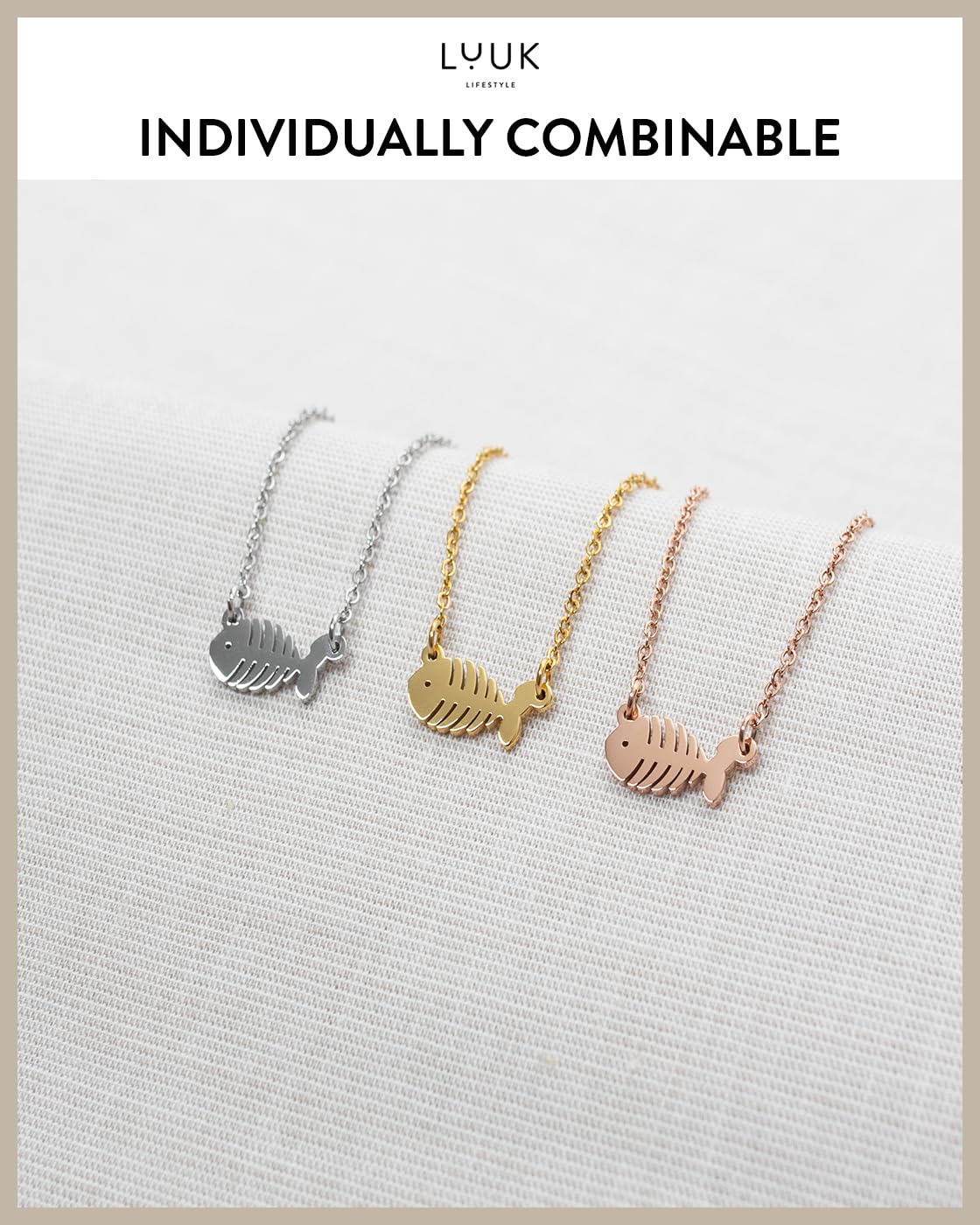 LUUK LIFESTYLE Waterproof Fishbone|Fish pendant necklace, 19in adjustable sturdy chain, tarnish-free, Gift for sister friend daughter, dainty, trendy, aesthetic, simple (HAPPINESS Gift Card)