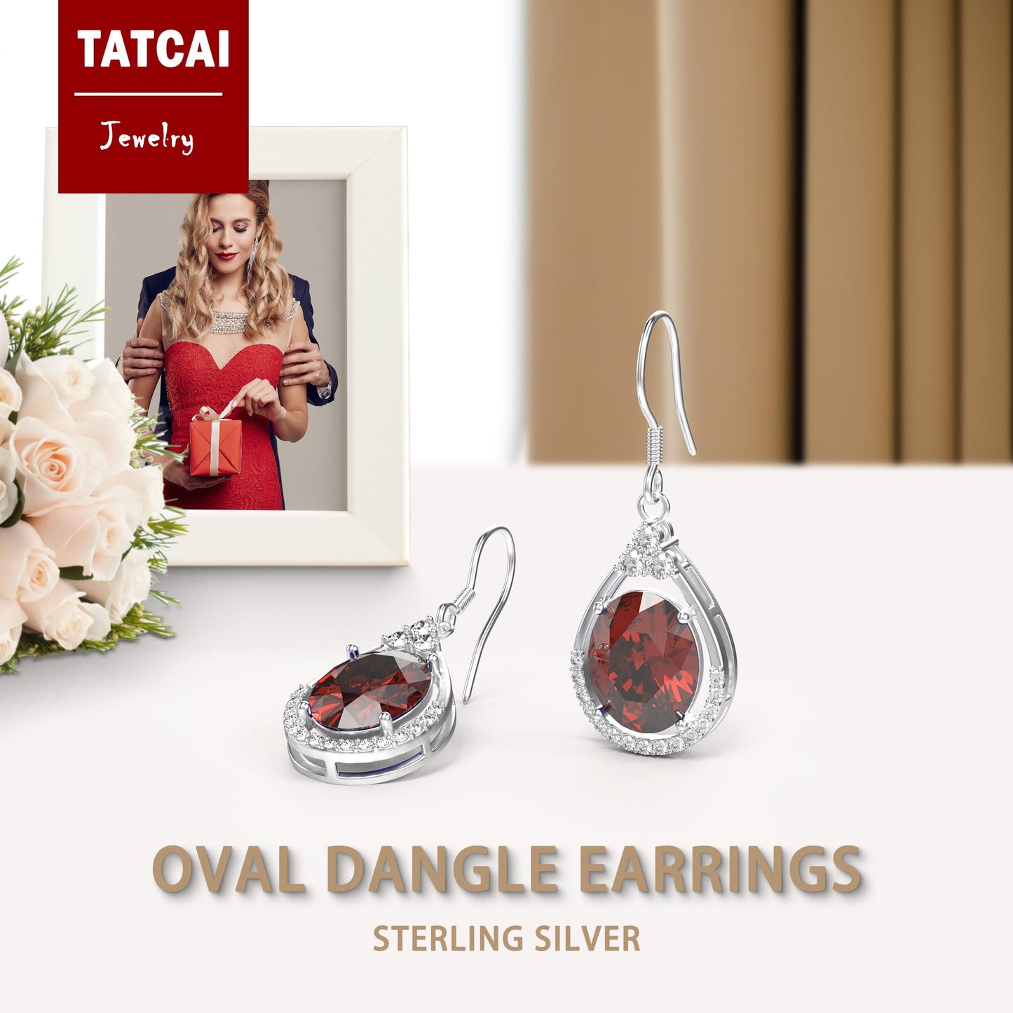 18K White Gold Plated Sterling Silver Oval Cut Cubic Zirconia Drop Dangle Earrings for Women Hypoallergenic Statement Earrings Gifts for Women Mom (Red)