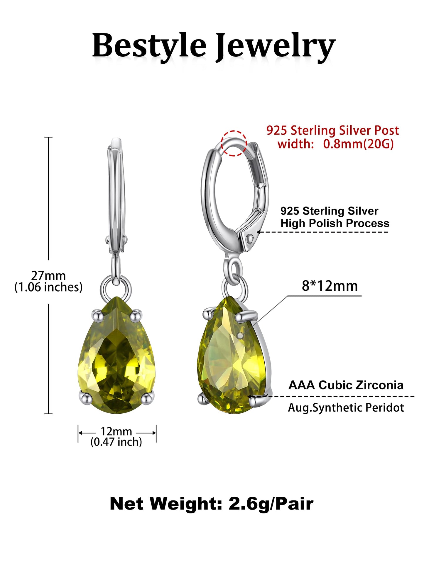 Bestyle Silver August Birthstone Drop Dangle Earrings - Created Peridot Teadrop Earrings for Women - Dainty Cute Small Silver Huggie Hoop Dangle Earrings for Birthday Wedding Party Gowns