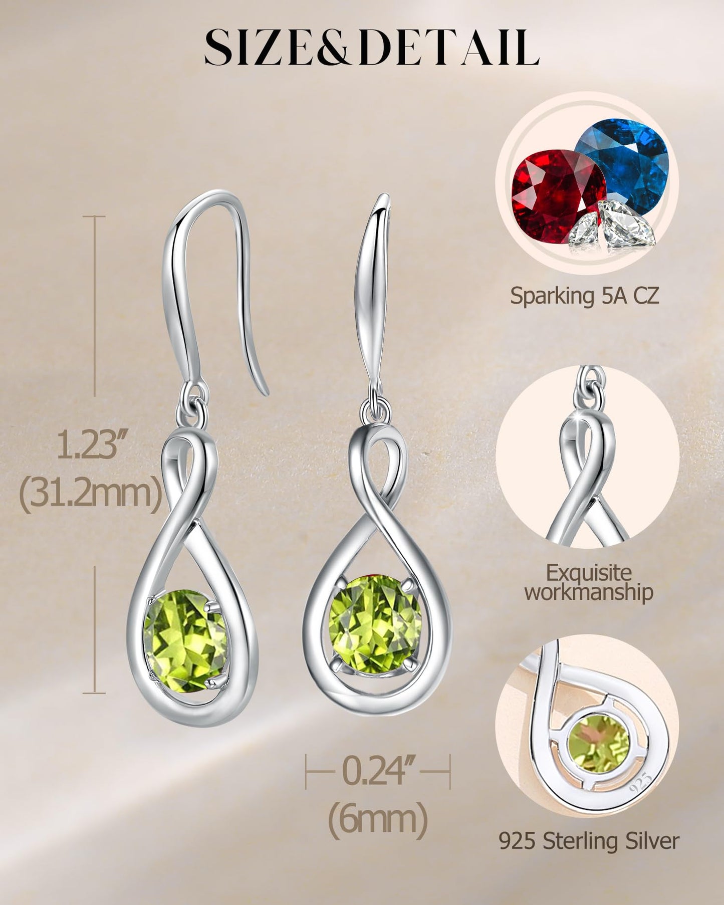 FANCIME Peridot Dangle Drop Earrings 925 Sterling Silver Dainty Infinity Green Gemstone August Birthstone Earring Fine Jewelry Birthday Mothers Day Gifts for Mom Her Women
