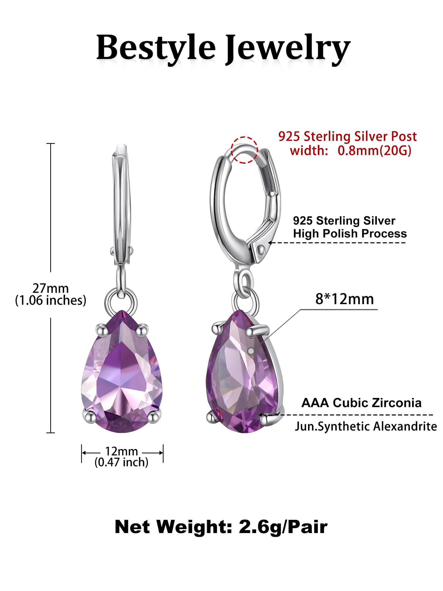 Bestyle Created Alexandrite Purple Birthstone Earrings for Women - Teardrop Earrings Small Silver Dangle Hoop Earrings for Women - Dainty Cute Earrings for Birthday Wedding Party