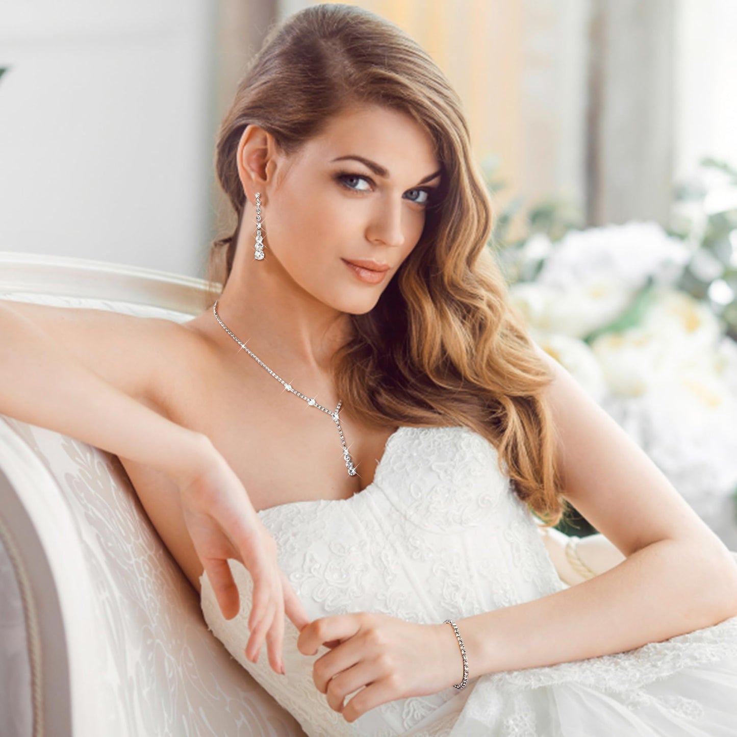 Jstyle 3 Pcs Silver Jewelry Set for Women Wedding Bridal Necklace Earrings Bracelet with Crystal CZ Hypoallergenic Prom Jewelry Set for Bride Bridesmaid Party Birthday Accessories Style 4