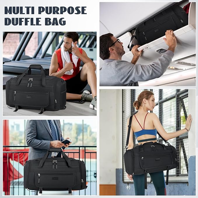 IGOLUMON Gym Bag for Men 55L Sports Duffel Bags Gym Duffle Bag Women with Shoe Compartment & Wet Pocket Water Resistant Travel Duffel Bag Lightweight Weekender Overnight Bag Black