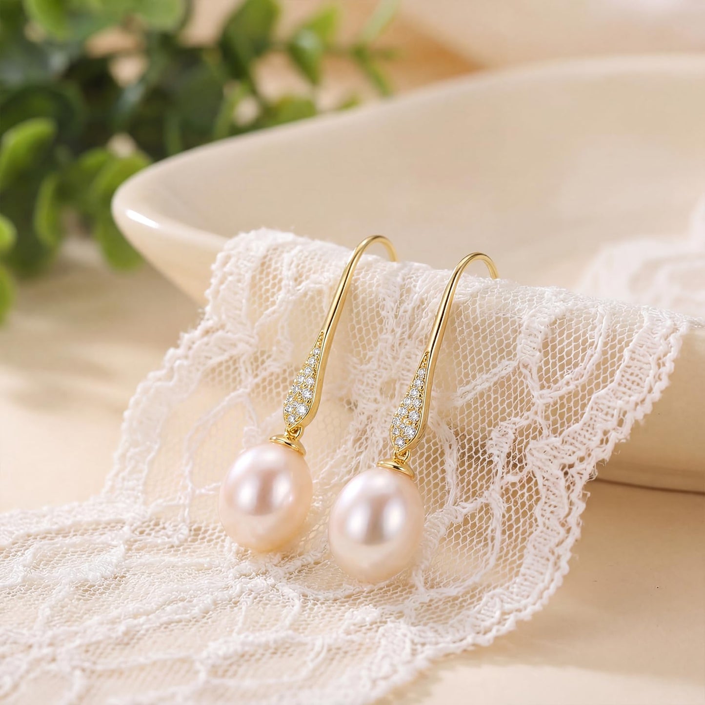 Pearl Drop Earrings for Women, Gold Plated & 925 Sterling Silver, Pink & White Dangle Earrings, Dainty Cute Elegant Bridal Wedding Gift for Her