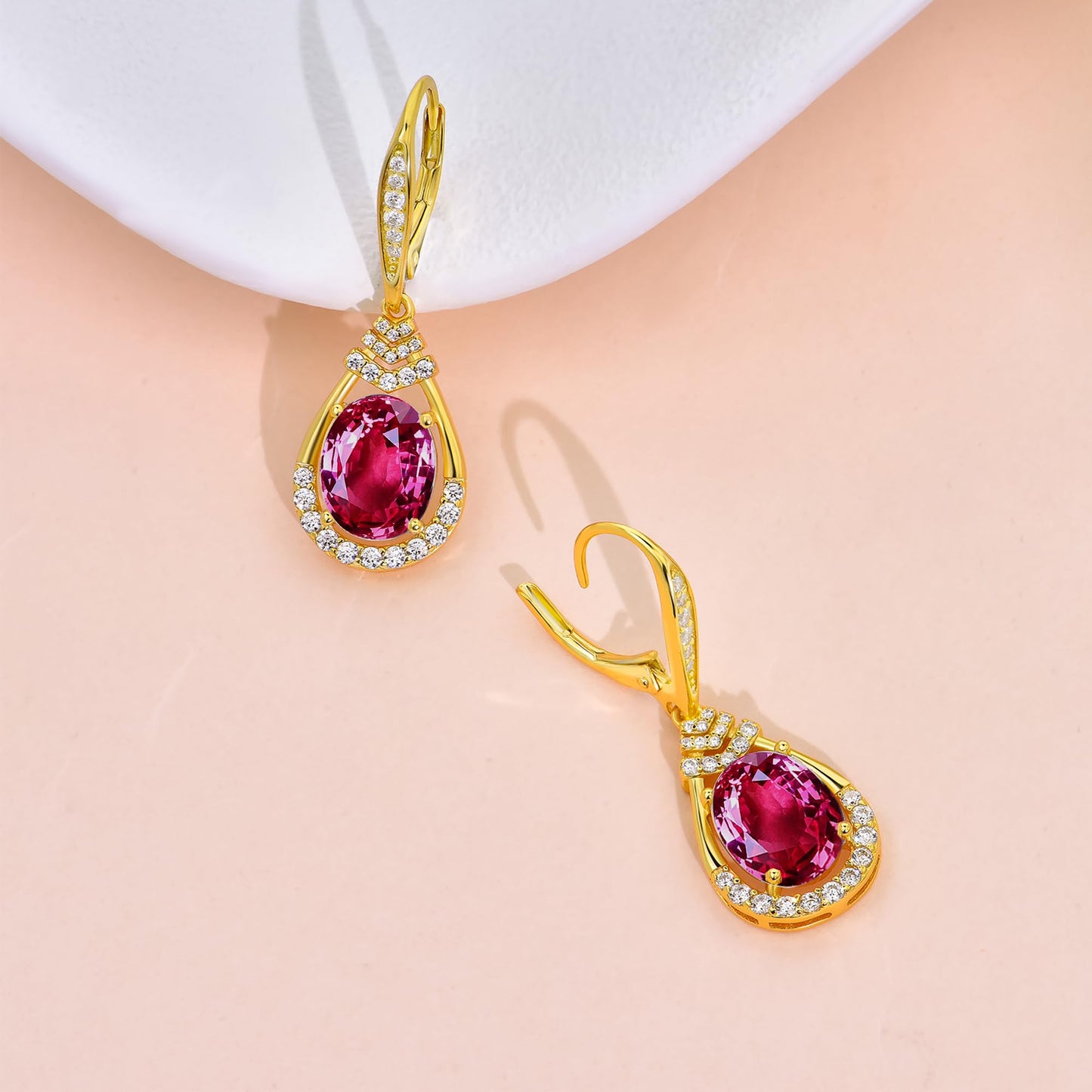 Gold Plated Red Ruby Dangle Earrings for Women Sterling Silver Teardrop Earrings July Birthstone Birthday Gifts Leverback Drop Earring for Mother' Day Lady Sparkling Jewelry Gifts for Party Christmas