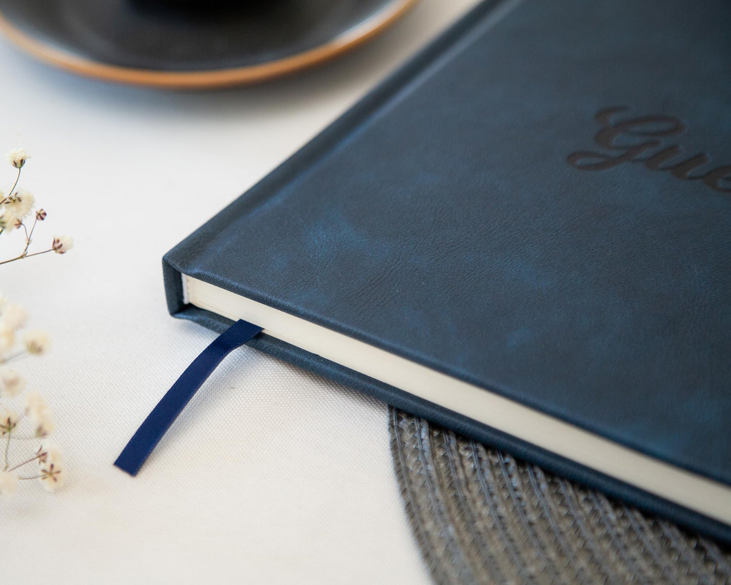 Modern Album Designs Navy PU Leather Guest Book - 9.5 x 7 Embossed Guestbook with Name Address Message Lines for Wedding Funeral Retirement Party, 140 GSM Paper, 120 Pages