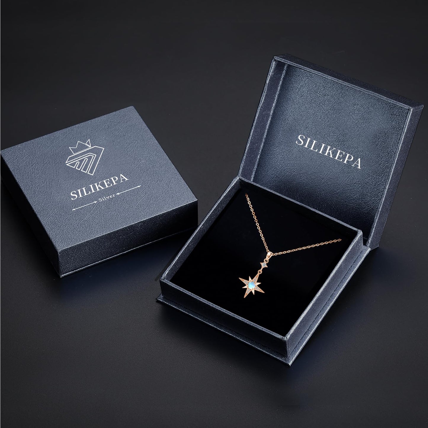 Silikepa Star Necklace for Women 925 Sterling Silver Rose Gold North Star Pendant Necklace with Moonstone Jewelry Gift for Women