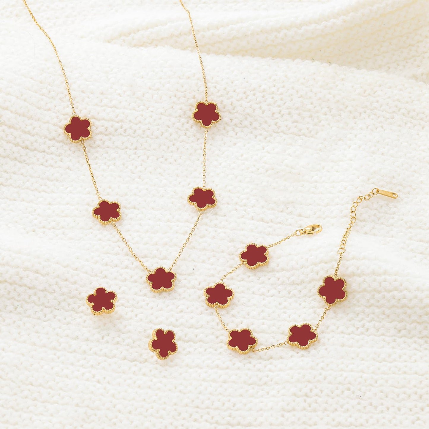 Qinpan Five Leaf Clover Necklace Bracelet and Stud Earrings Set for Women Lucky Flower Jewelry (Burgundy-14K Gold Plated)