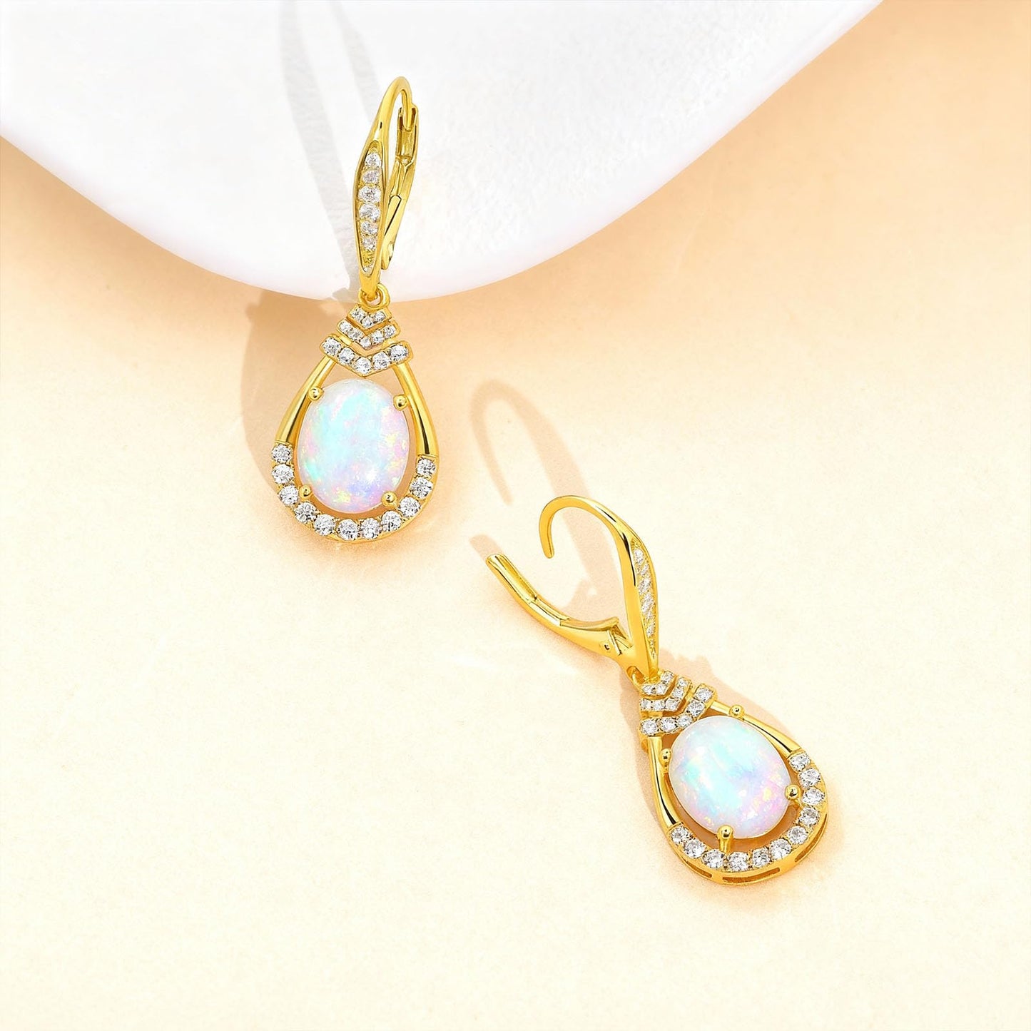 Valentine's Day Gifts for Women |18K G Plated Sterling Silver Birthstone Teardrop Leverback Drop Earring for Women Lady | Wedding Jewelry Gifts for the Bride | Hypoallergenic Oval Cut CZ Earrings (Silver-10-Oct.-18k Plated-Opal)