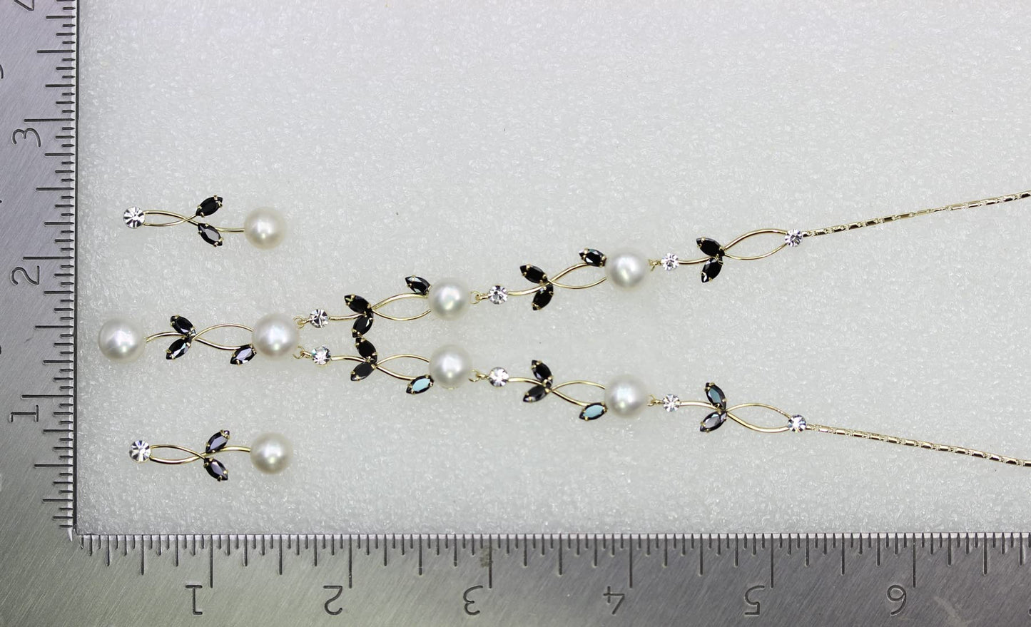 Faship Gorgeous Black CZ Crystal Genuine Freshwater Pearls Floral Necklace Earrings Set - Black/Gold Plated