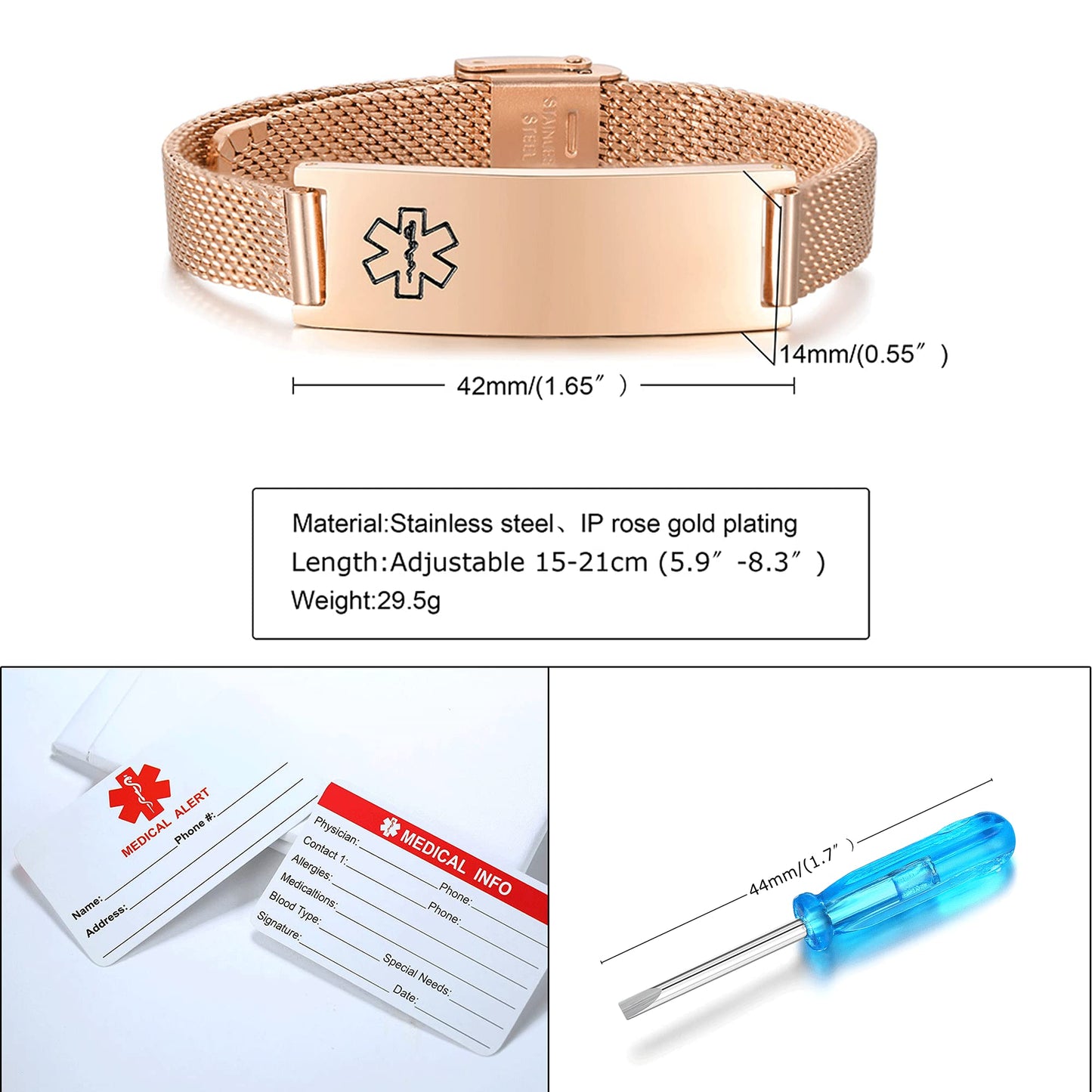 VNOX SEIZURES Medical Alert Bracelets for Men & Women with Adjustable Stainless Steel Mesh Emergency Medical ID Bracelets Wristband,Rose Gold Plated