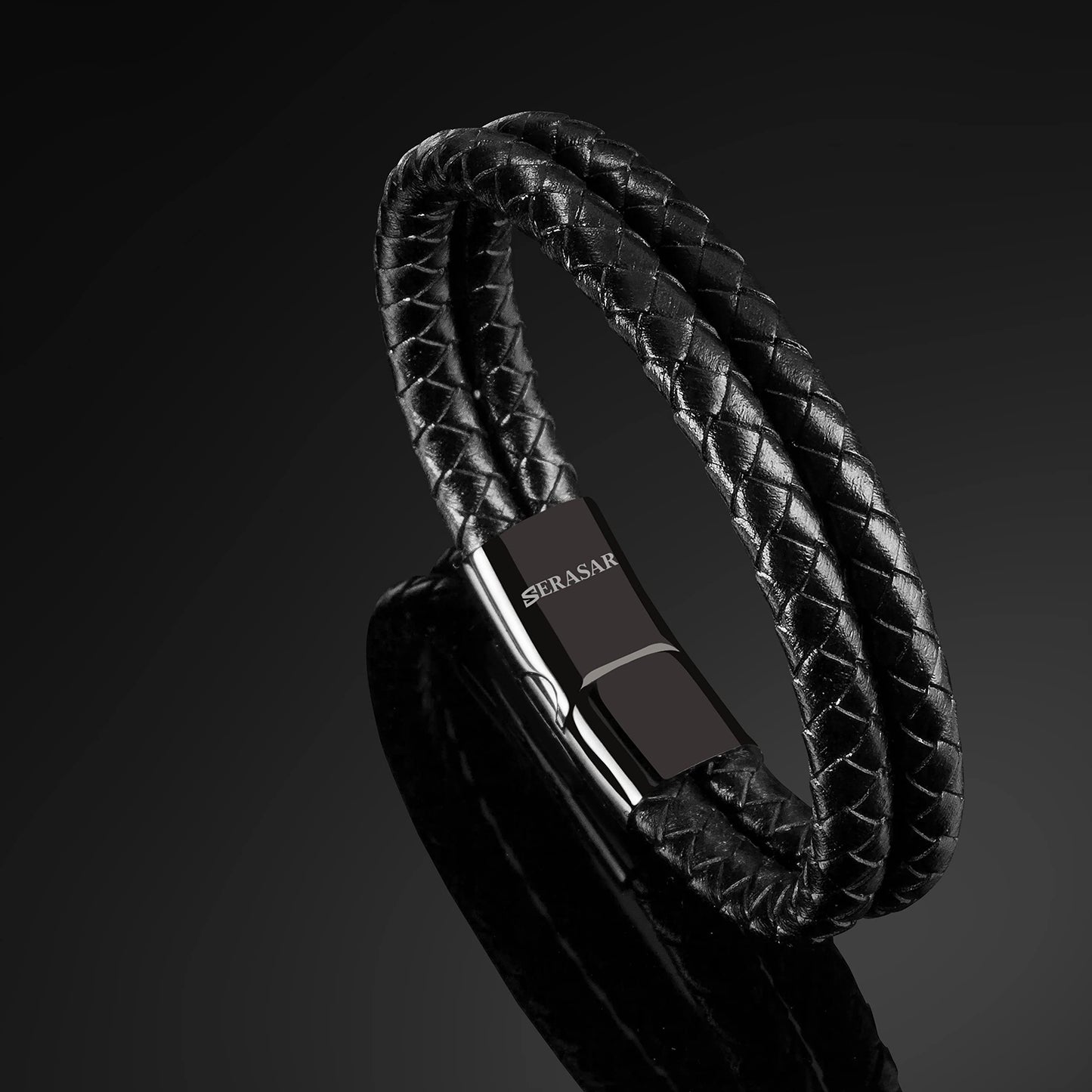 SERASAR Leather Bracelet Black 17cm Men Gift Box Genuine Cowhide Braided Adjust Able Magnetic Clasp Jewellery Arm band Mans Male Bracelets Jewelry Magnet Accessories
