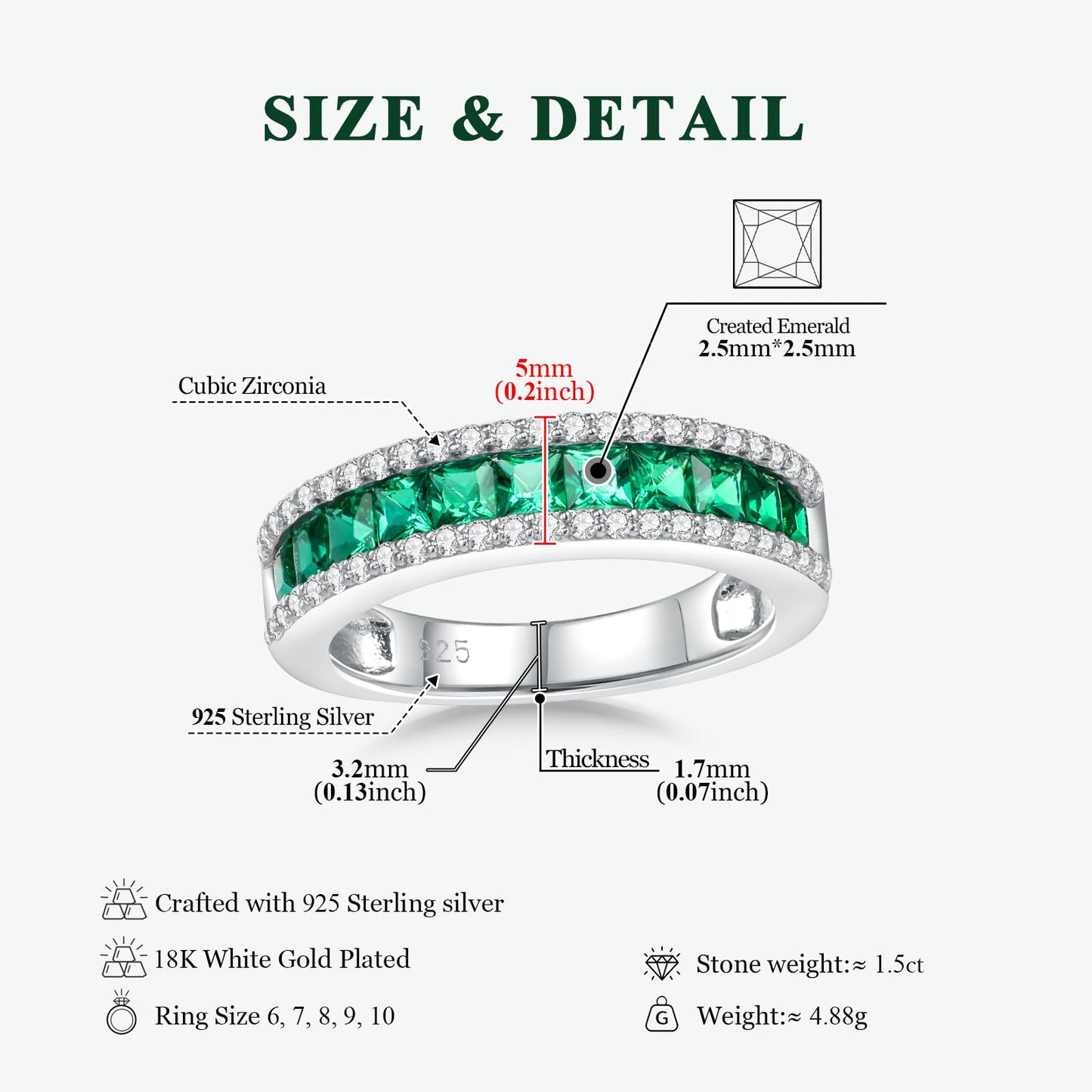 RANDES Channel Set Band Rings for Women Men Emerald Eternity Bands Sterling Silver 5mm Thick Wedding Band May Birthstone Ring Size 10