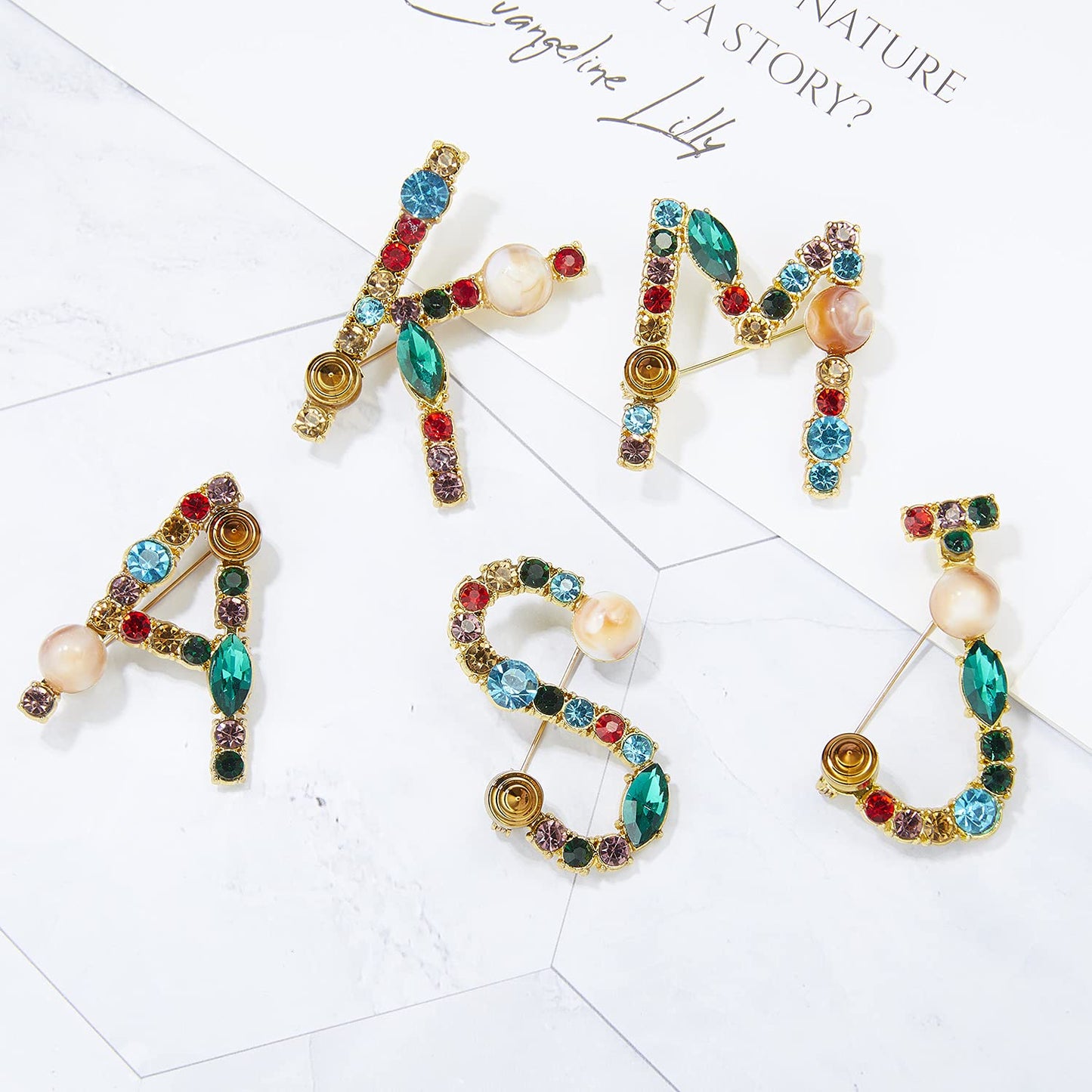 RINHOO Crystal Pearl Initial Brooch Gold Plated Enamel Colorful Letter Alphabet Breastpin Pin Jewelry for GIFTS (Gold T)