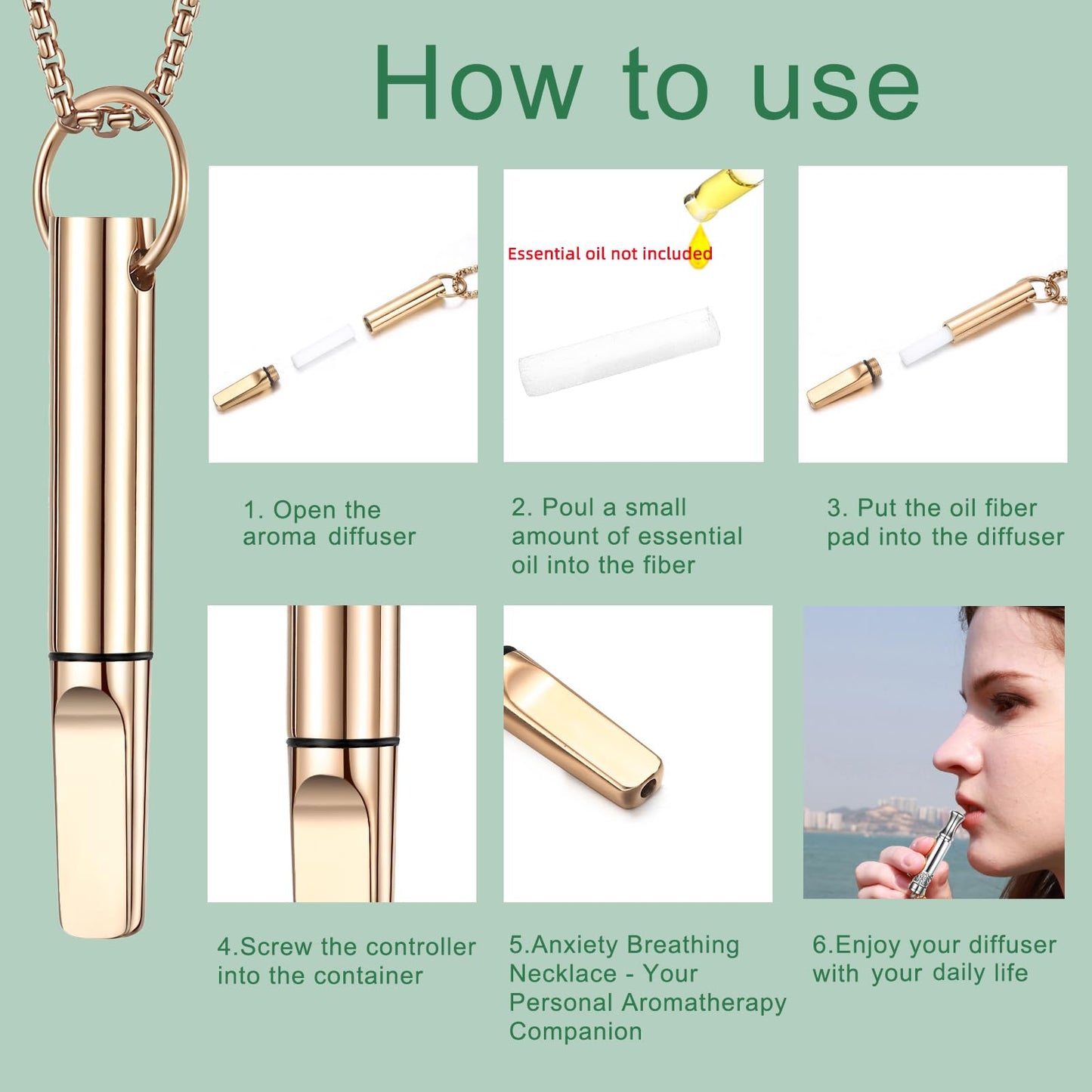 hooppoo Quit Smoking Necklace, Anxiety Relief Breathing Inhaler with Essential Oil Pad - Aromatherapy Diffuser Pendant for Smokers, Stainless Steel Necklace for Women & Men (Rose Gold)