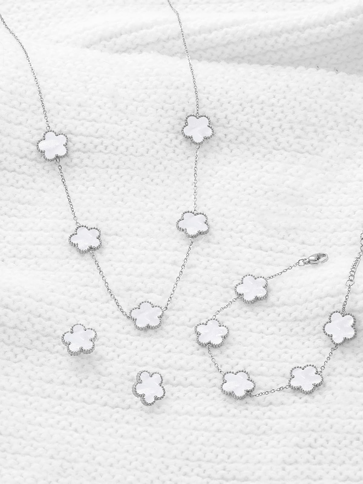 Qinpan Five Leaf Clover Necklace Bracelet and Stud Set for Women Lucky Flower Jewelry (White-Stainless Steel)