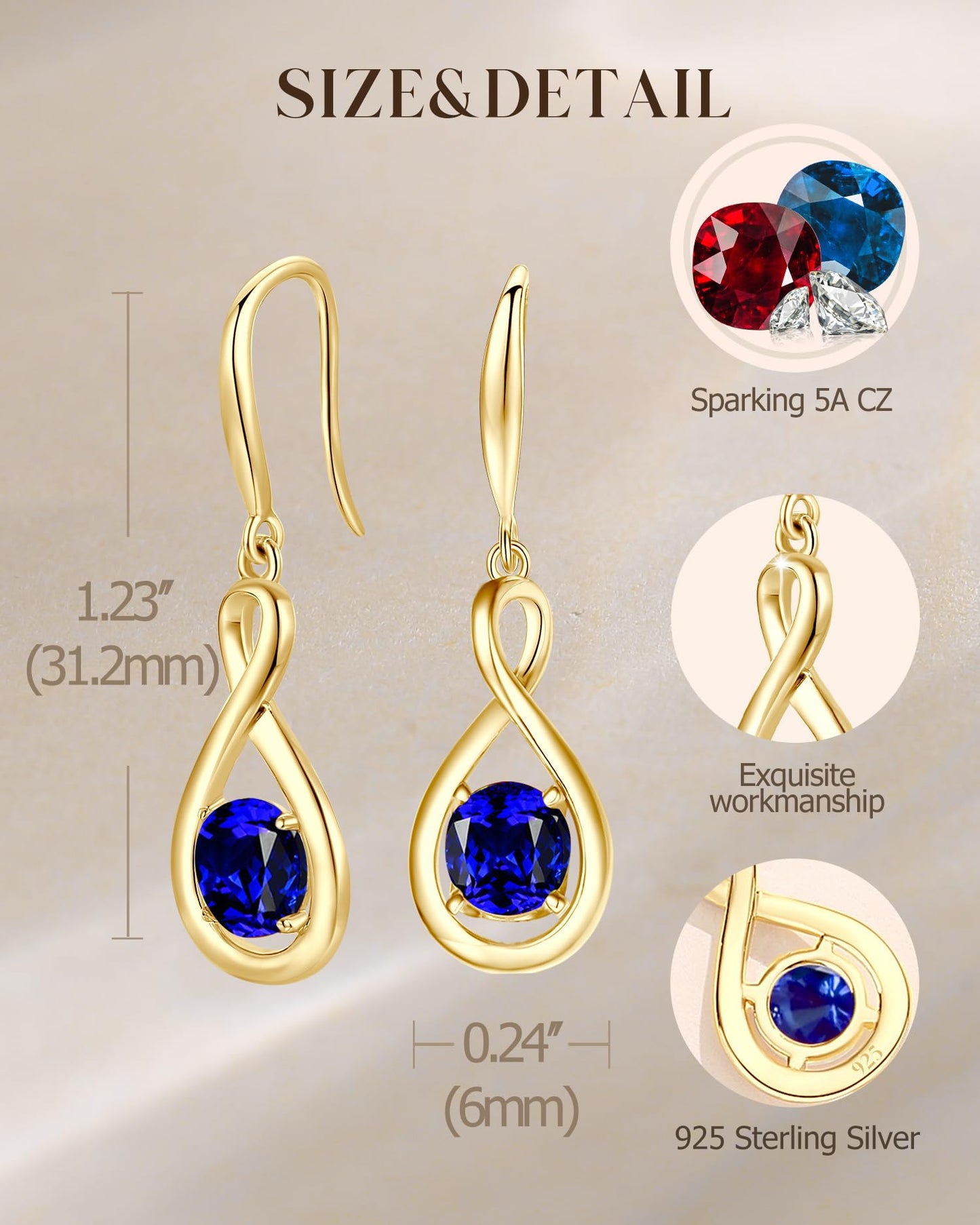 FANCIME Sapphire Dangle Drop Earrings 925 Sterling Silver Yellow Gold Plated Dainty Infinity Blue Gemstone September Birthstone Earring Fine Jewelry Birthday Mothers Day Gifts for Mom Women