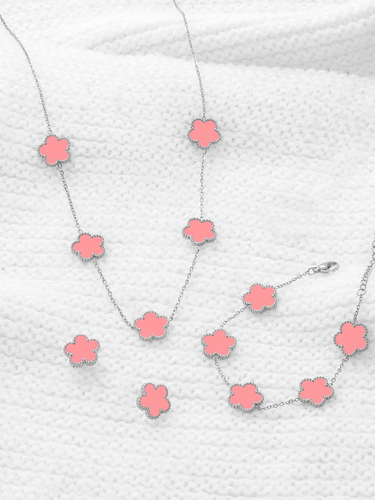 Qinpan Five Leaf Clover Necklace Bracelet and Stud Set for Women Lucky Flower Jewelry (Pink-Stainless Steel)