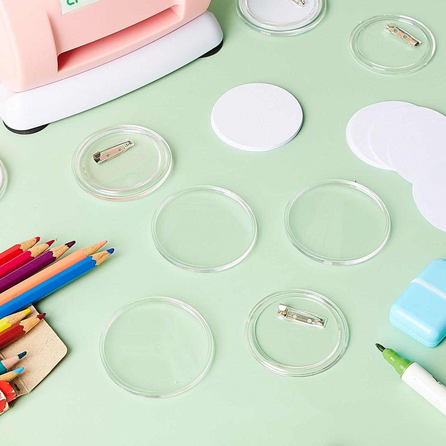 XunYee 25set/80pcs Clear Button Pins Kit 3 Inch, DIY Button Maker Badges with Blank Inserts & Removal Tool, No Press Machine Needed, Craft Pins for Independence Day, Soccer Party Favors