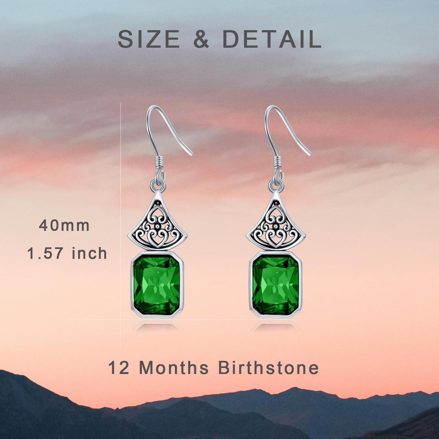 Vintage Earrings 925 Sterling Silver Oxidized Dangle Drop Earrings with Green Emerald Cut May Birthstone Anniversary Jewelry Gifts for Women