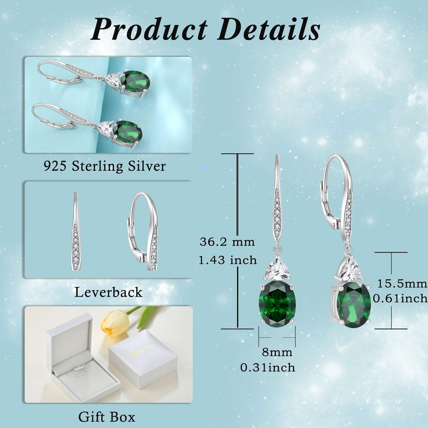 Rocayi Oval Emerald Earrings for Women 925 Sterling Silver Dangle Drop Leverback Earrings May Birthstone Jewelry for Her