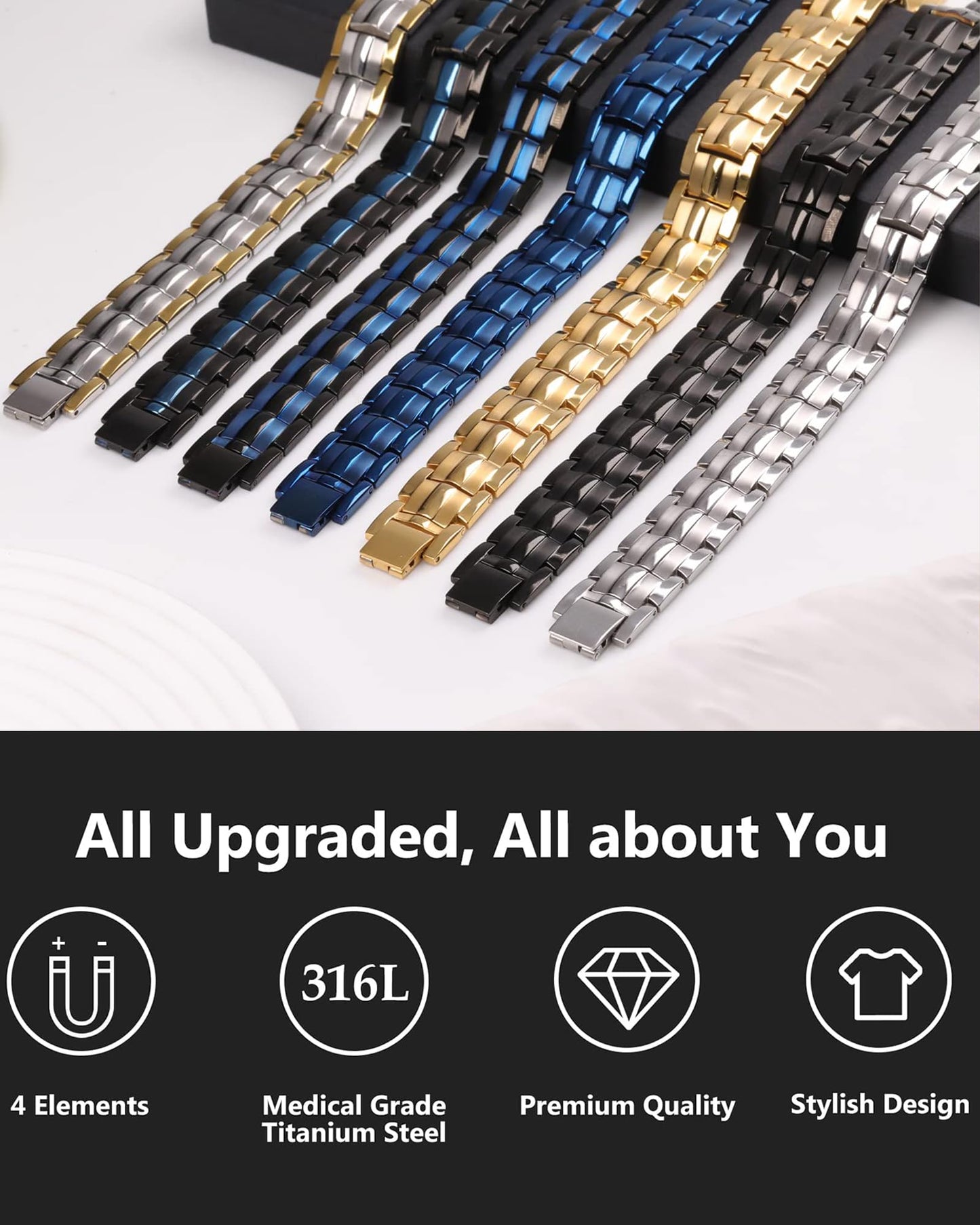 Feraco Mens Magnetic Therapy Bracelets Titanium Steel Bracelet with Double Row 4 Elements Magnets,Men's Jewelry for Anniversary Father's Day