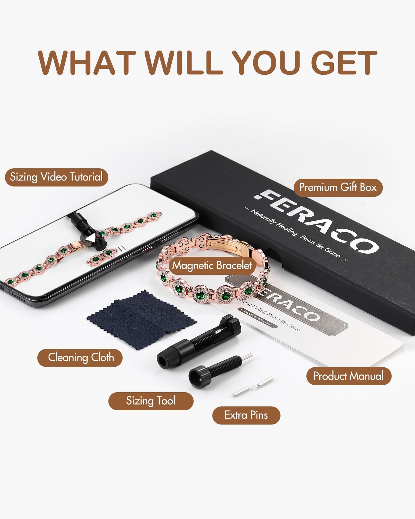 Feraco Pure Copper Bracelets for Women, 4X Ultra Strength Magnetic Bracelet with 3800 Gauss Neodymium Magnets & Sparkling Austrian Cut Emerald Crystals, Adjustable Jewelry Gift