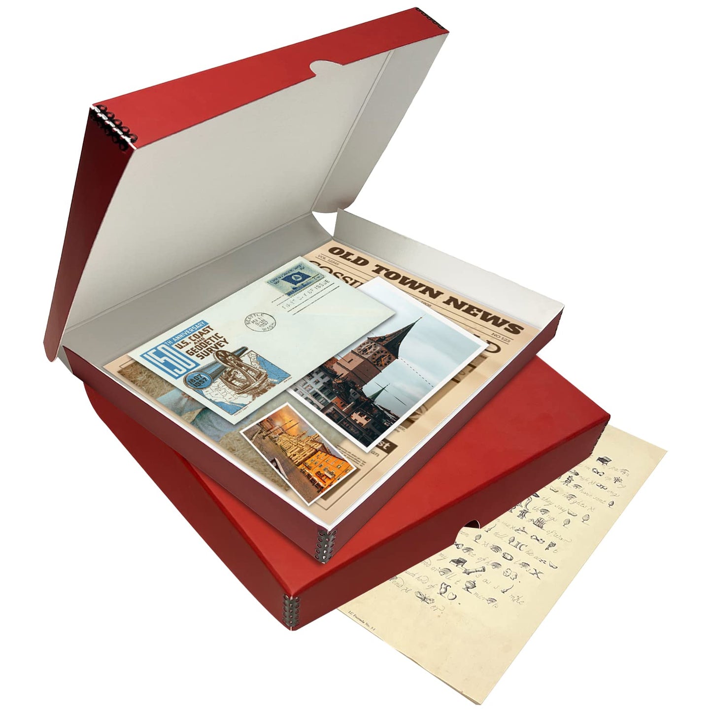 Lineco Folio Storage Box, Faux Leather Cover, Clamshell Design, 9.5x12.5x1.75 Inches, Archival Boxboard, Preserve Photos, Cards, Magazines, Documents, Art, Ephemera, Family Records, Red, Pack of 1