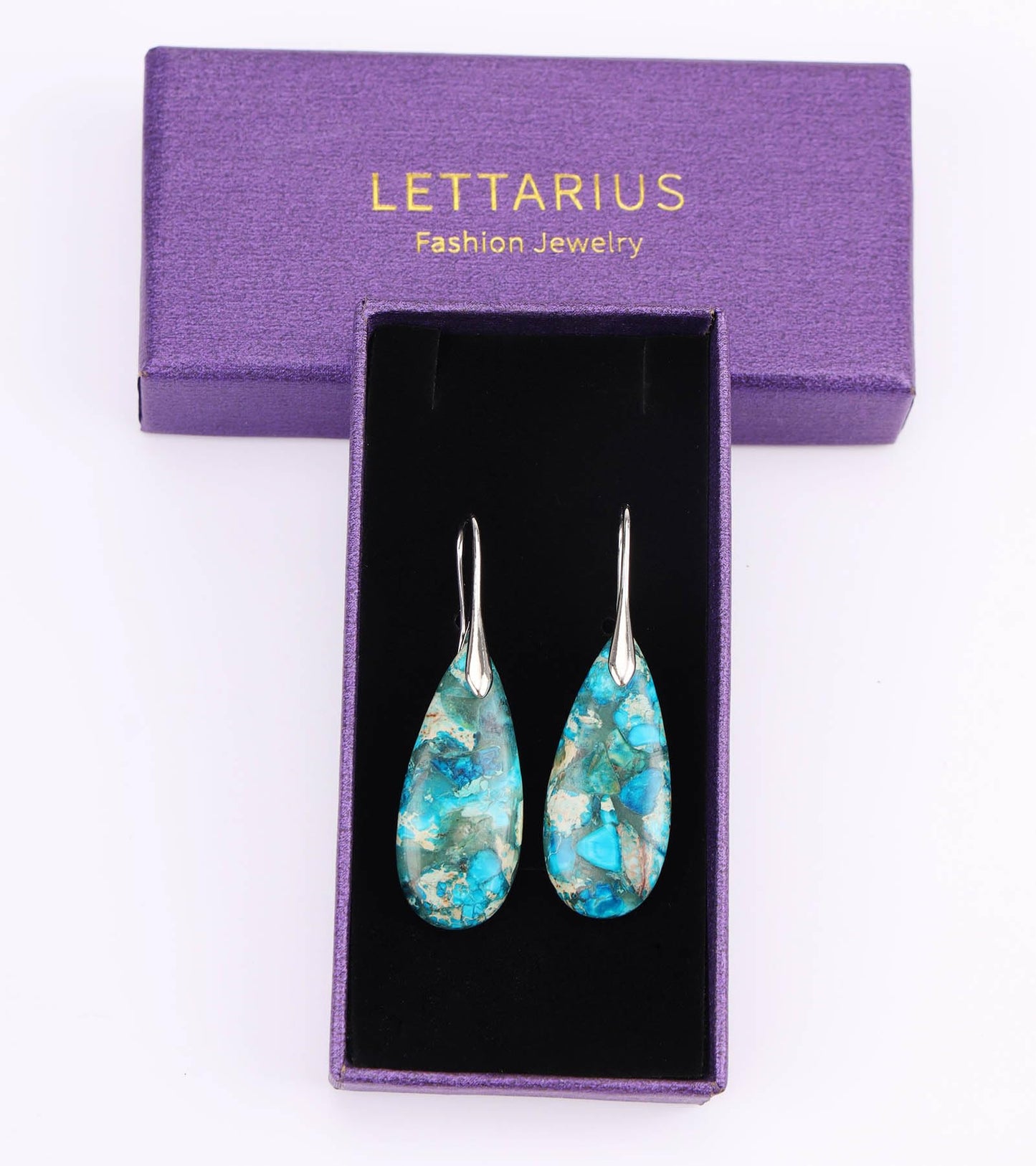 Lettarius Natural Crystal Healing Moon Stone Drop Earrings for Women Blue Sea Sediment Teardrop Birthstone Quartz Dangle Silver Plated Jewelry