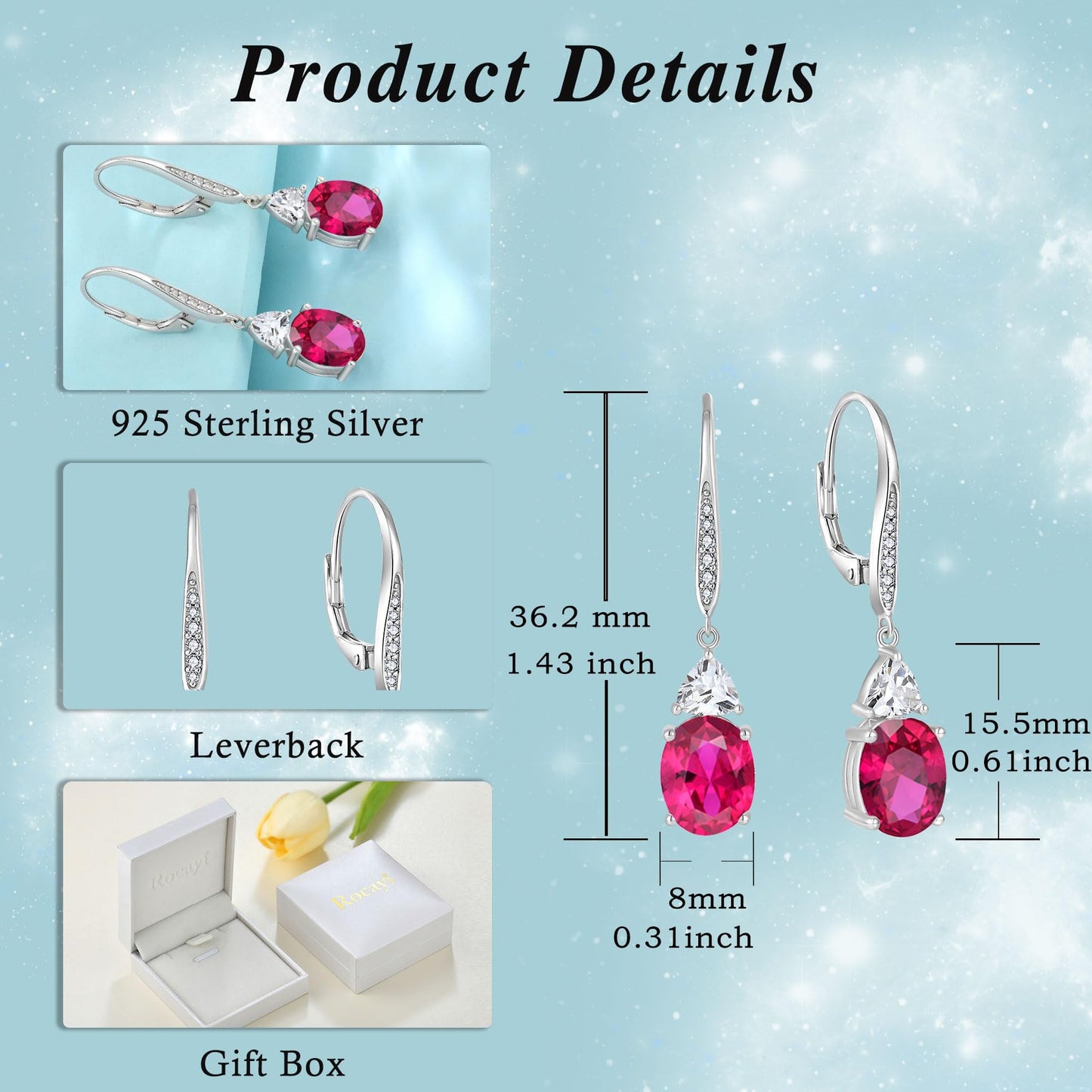 Rocayi Oval Ruby Earrings for Women 925 Sterling Silver Dangle Drop Leverback Earrings July Birthstone Jewelry for Her