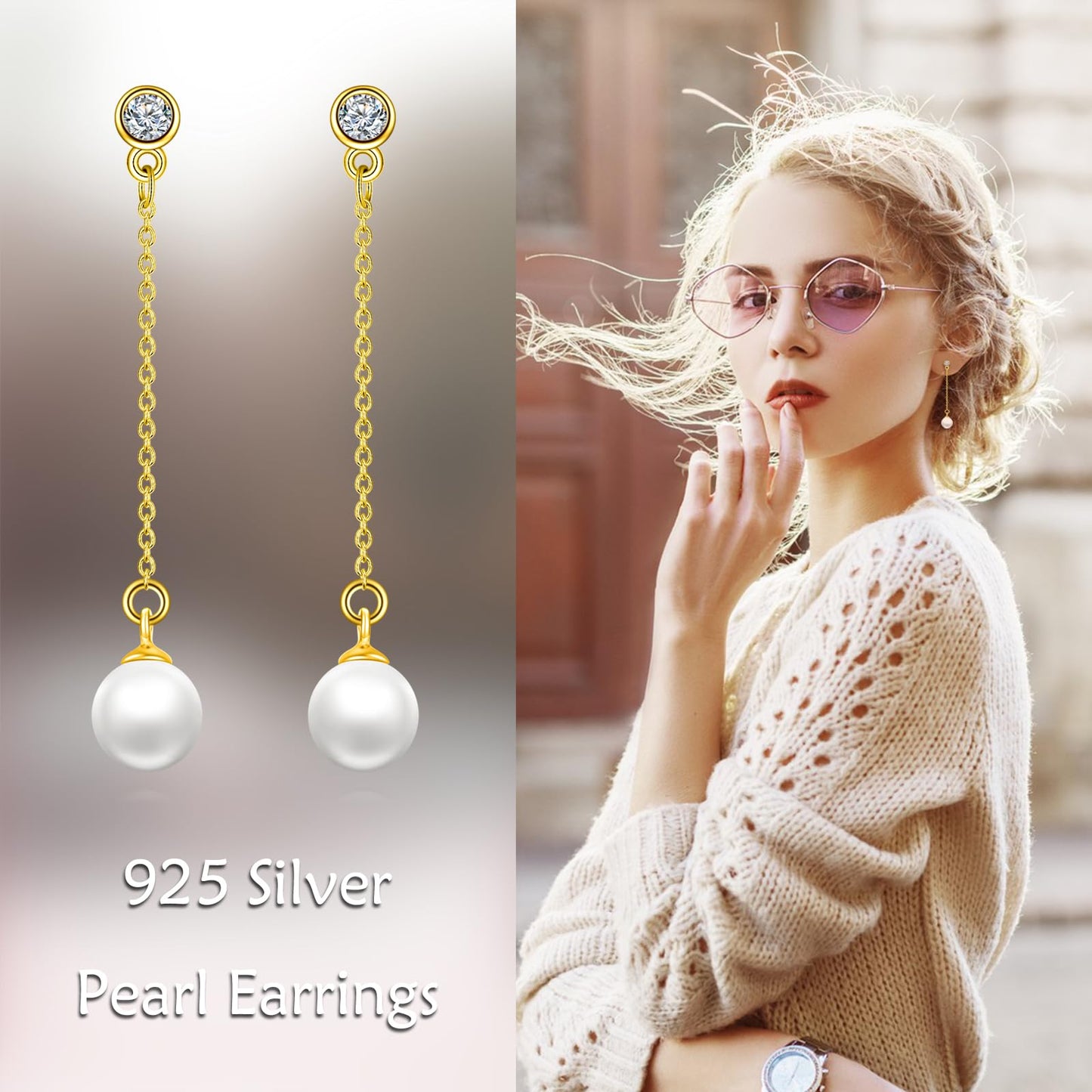 POPLYKE Pearl Drop Earrings Sterling Silver Threader Pearl Long Chain Earrings Jewelry Gifts for Women Wedding Bridesmaids(Yellow Gold)