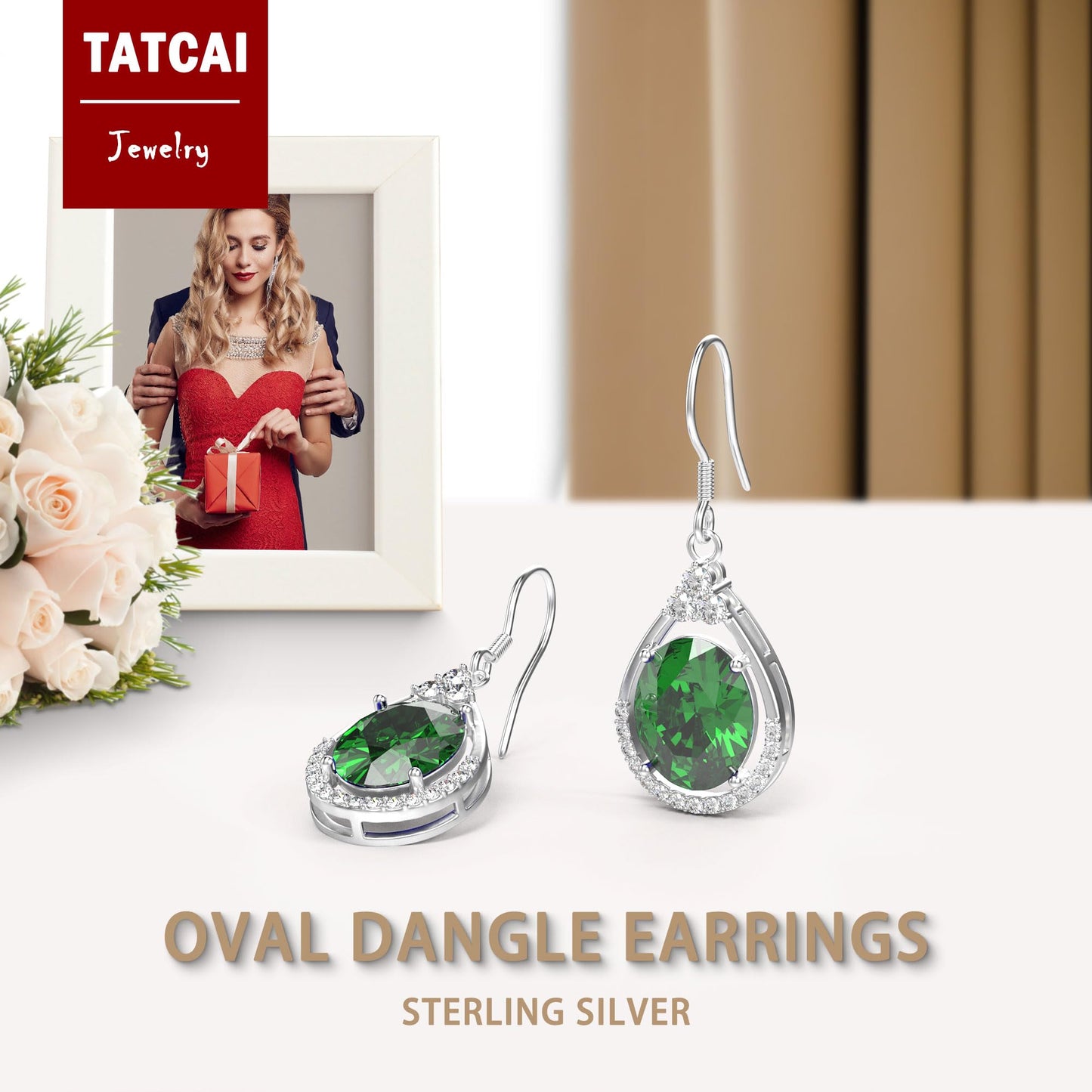 18K White Gold Plated Sterling Silver Oval Cut Cubic Zirconia Drop Dangle Earrings for Women Hypoallergenic Statement Earrings Gifts for Women Mom (Emerald)