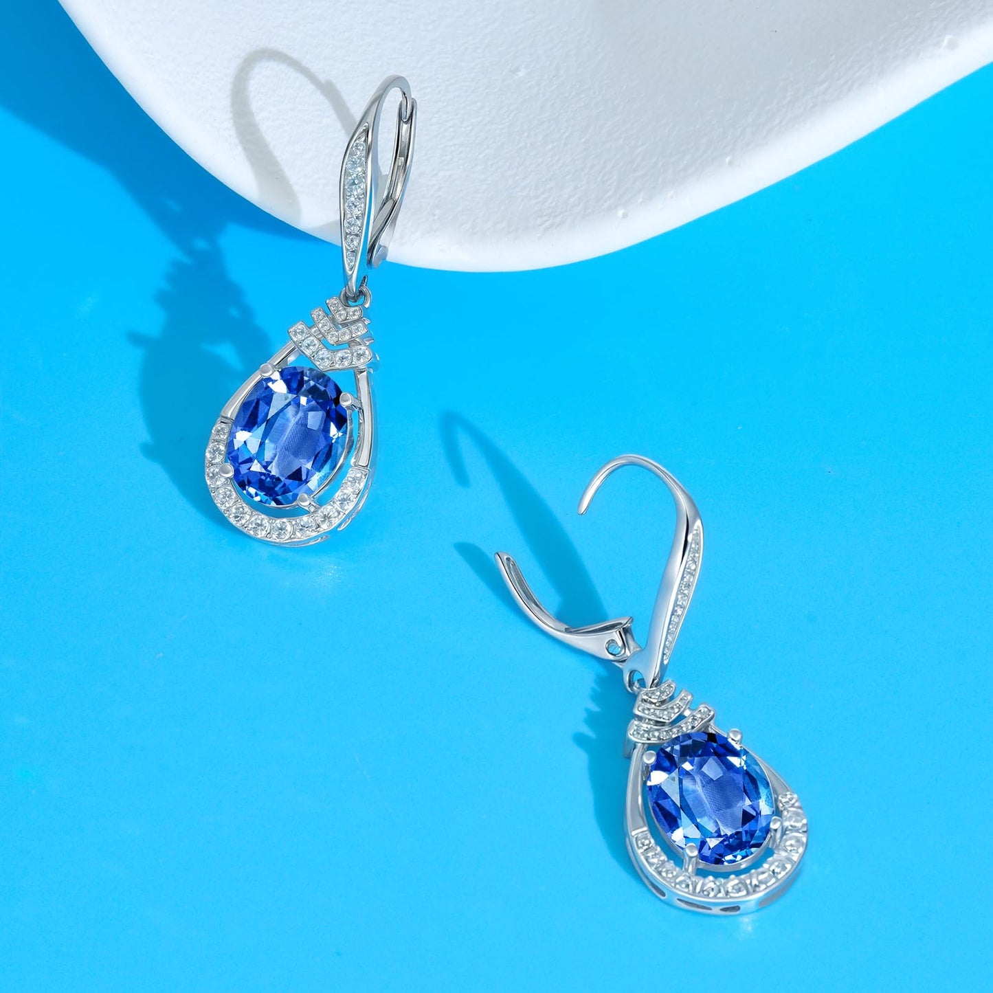 Blue Topaz Gifts for Women 18K Gold Plated December Birthstone Teardrop Dangle Earrings Sterling Silver Leverback Drop Formal Earrings for Evening Wear Birthday Gifts Sparkling CZ Earrings