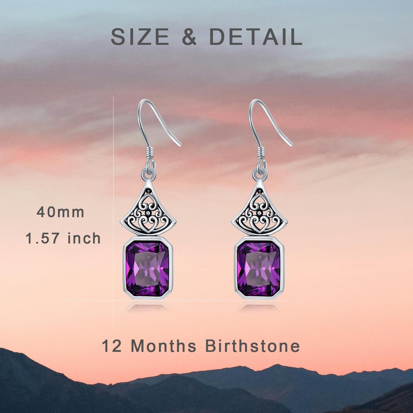 925 Sterling Silver Vintage Oxidized Dangle Drop Earrings with Emerald Cut Purple Amethyst February Birthstone Anniversary Jewelry Gifts for Women