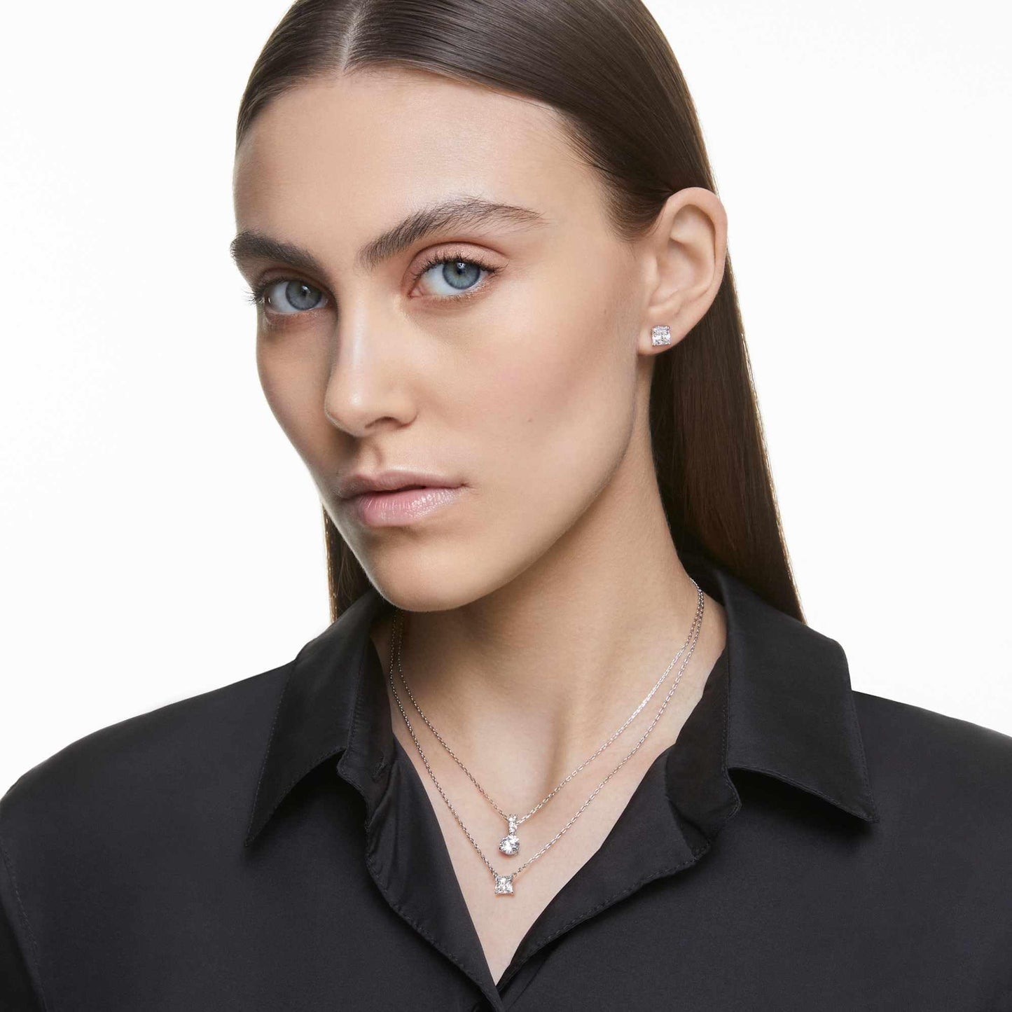 Swarovski Attract Square Stud Pierced Earrings with Clear Crystals on a Rhodium Plated Setting with Butterfly Back Closure