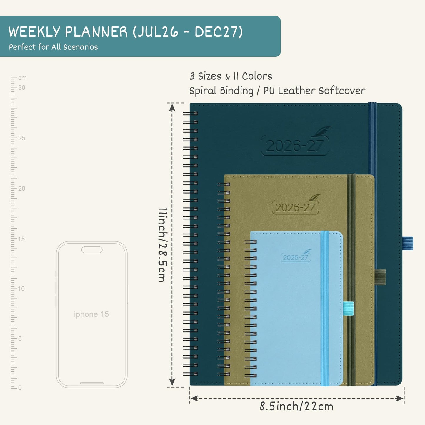 BEZEND Weekly Planner 2026-2027 (8.5" x 11") with Hourly Timeslots (Jul 26-Dec 27) 18 Months Academic Calendar & Monthly Tabs, for Students, Work & Home, Spiral PU Leather Softcover -Turquoise