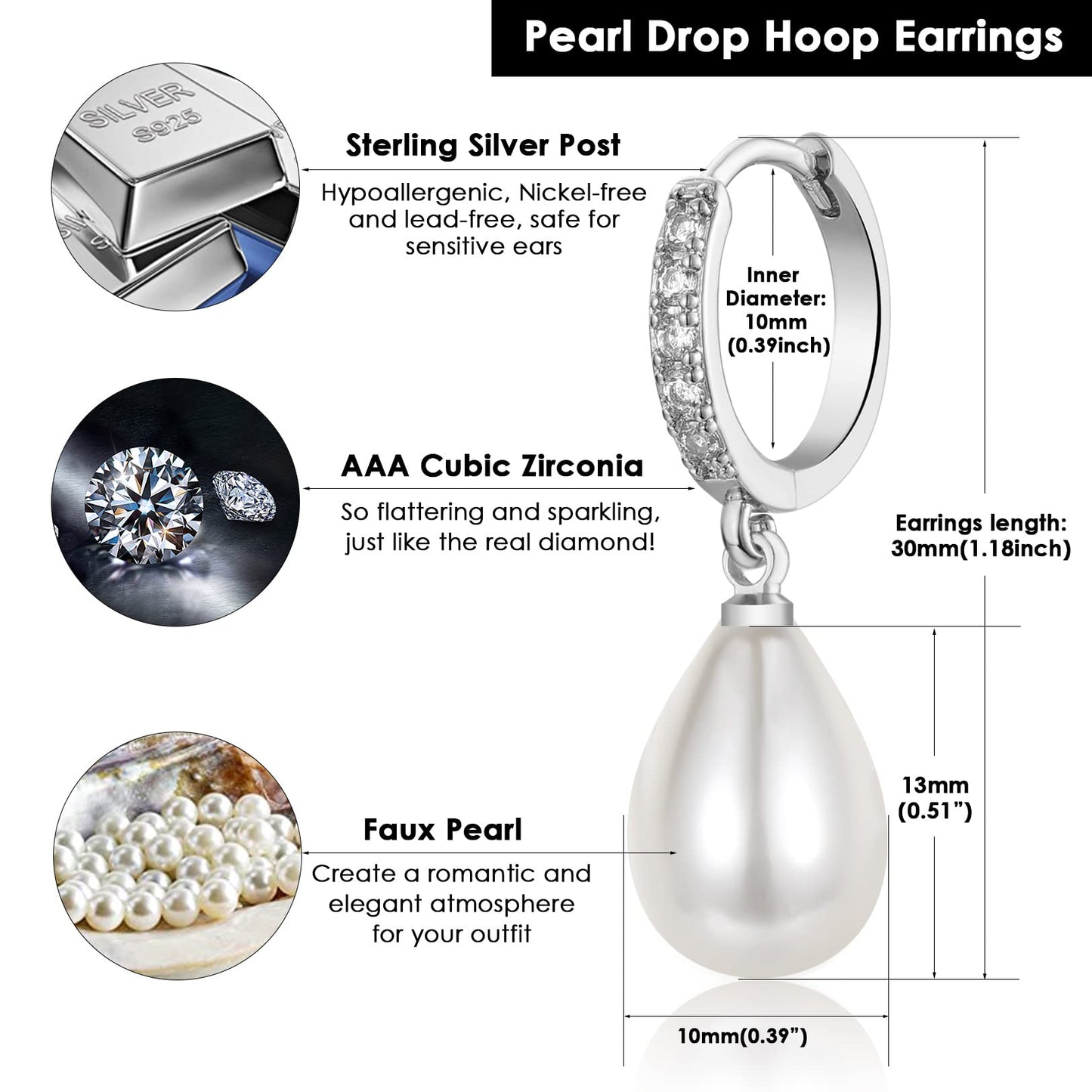 CERSLIMO Sterling Silver Pearl Drop Earrings for Women, S925, Hypoallergenic, 30mm Length, 13mm x 10mm Pearl Size, Hoop Inner Diameter 10mm
