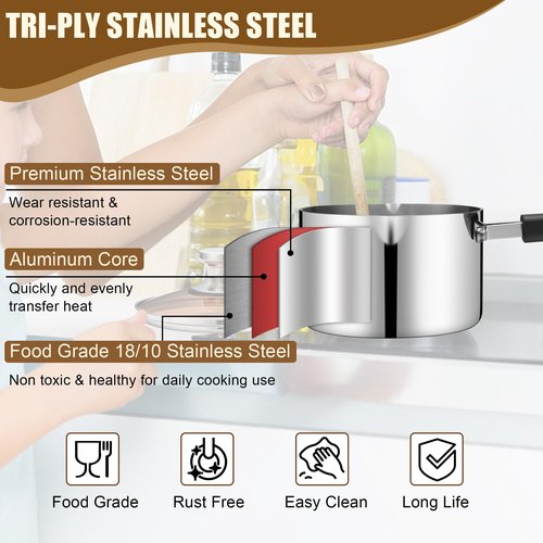 E-far 1 Quart Sauce Pan with Lid, Stainless Steel Tri-Ply All Clad Small Cooking Pot with Pour Spout, Multipurpose Induction Saucepan & Stay-Cool Handle, Compatible with All Cooktops, Dishwasher Safe