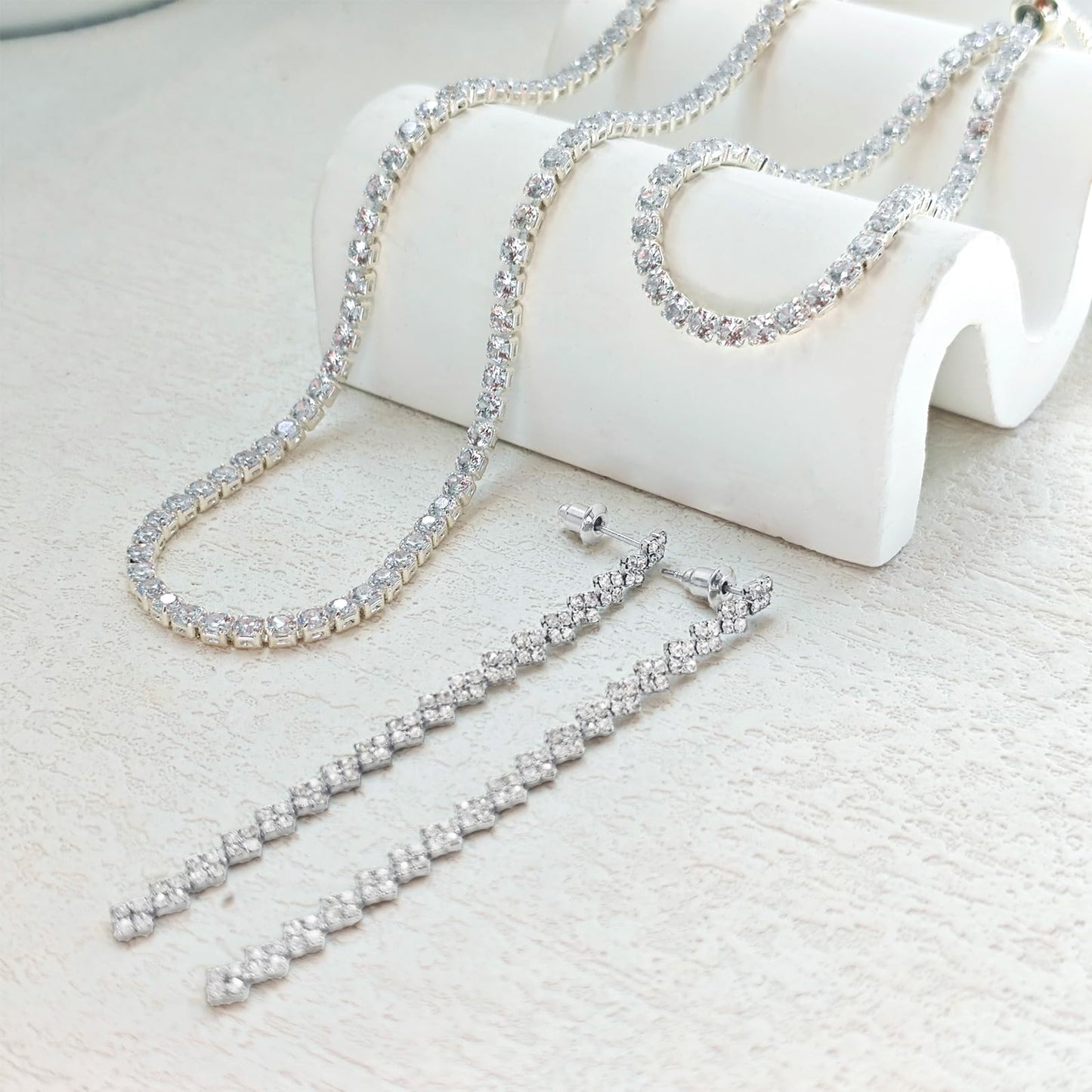 LULII Tennis Necklace Set for Women Dainty Sterling Silver Necklace and Earring Sets Rhinestone Drop Dangle Earrings Crystal Bracelets for Women Silver Jewelry Sets for Bride Gift
