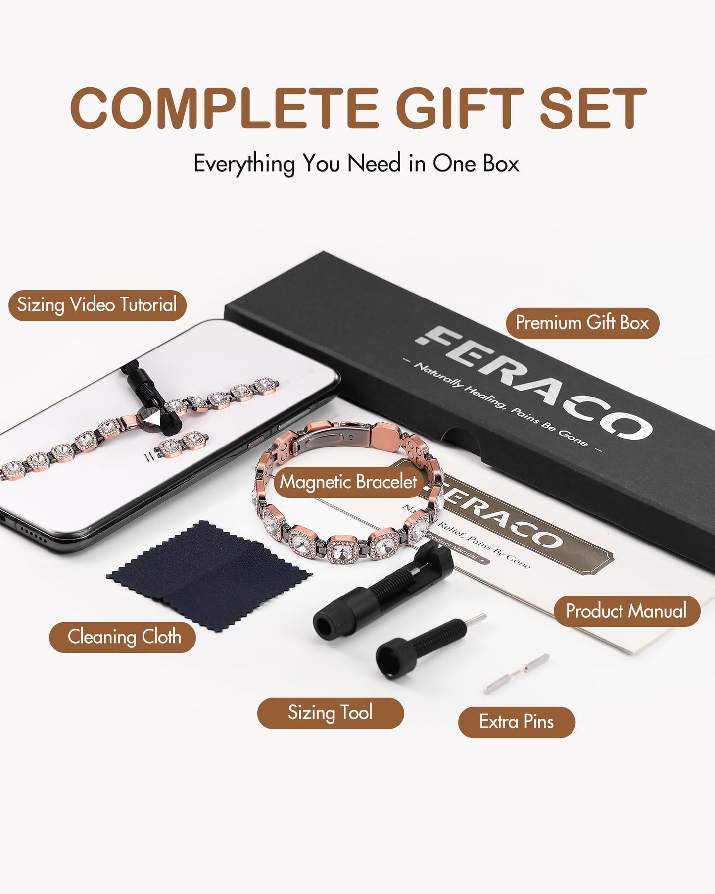 Feraco Copper Bracelets for Women, 4X Ultra Strength Magnetic Bracelet with 3800 Gauss Neodymium Magnets & Sparkling Austrian Cut Crystals, Adjustable Pure Copper Jewelry Gift