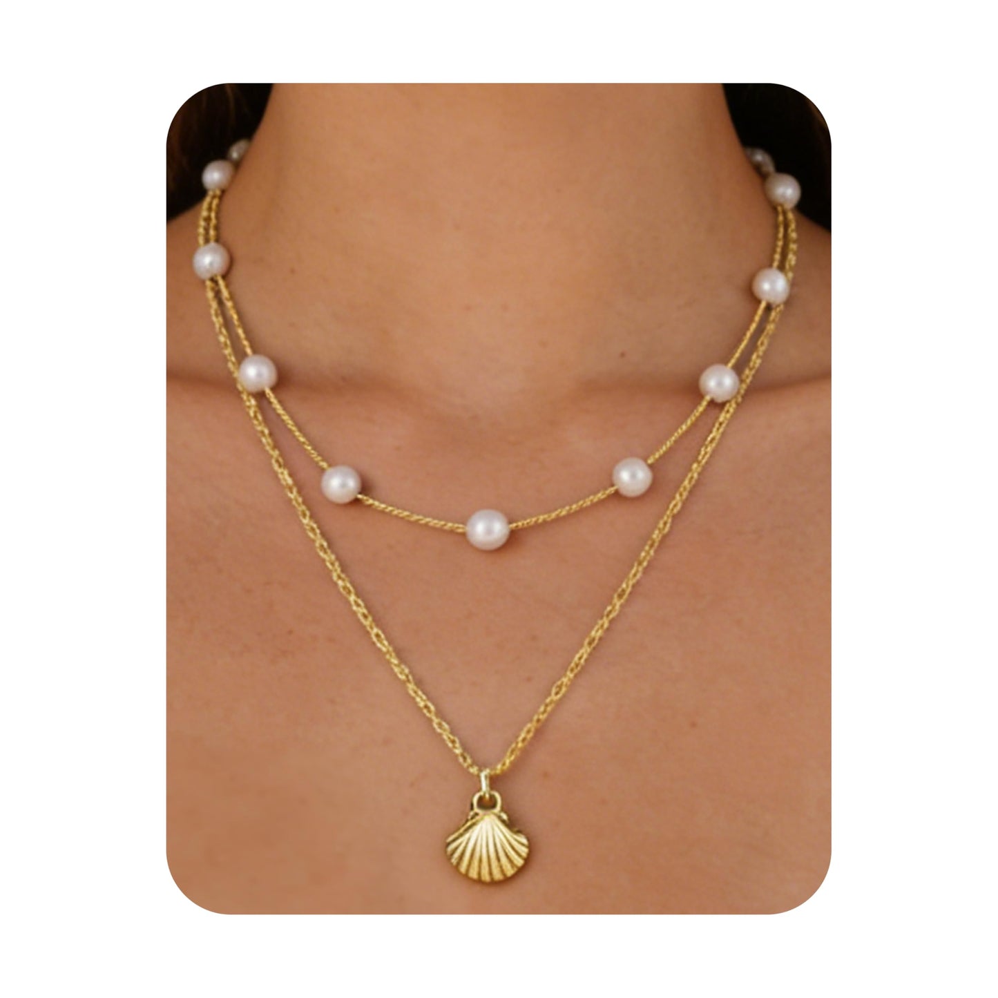 Beach Layered Shell Necklace for Women, 14K Gold Plated Starfish Conch Seashell & Pearl Charm Pendant, Dainty Coastal Summer Vacation Jewelry (Seashell Necklace)