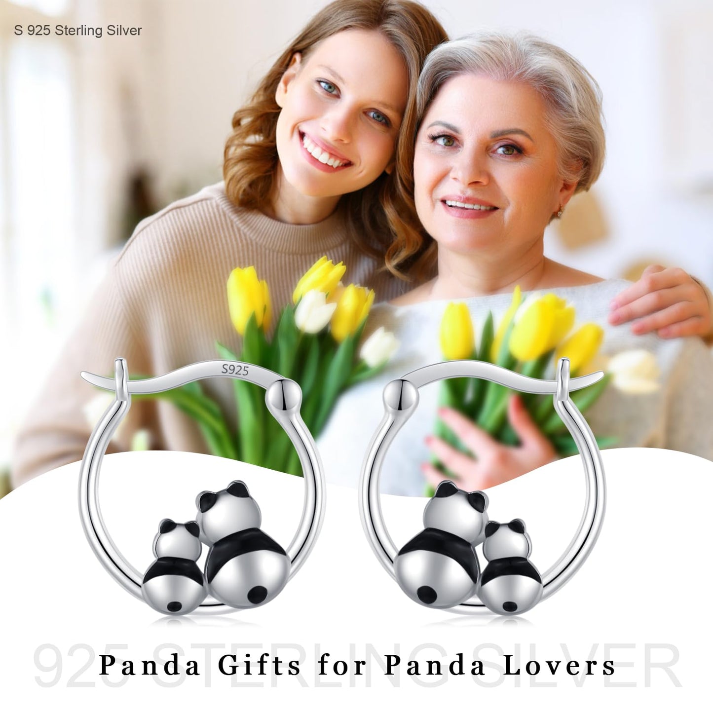 JUSTKIDSTOY Panda Earrings for 925 Sterling Silver Two Panda Bear Hoop Earrings Hypoallergenic Cute Animal Earrings Jewelry Graduation Gifts for Women Daughter Her