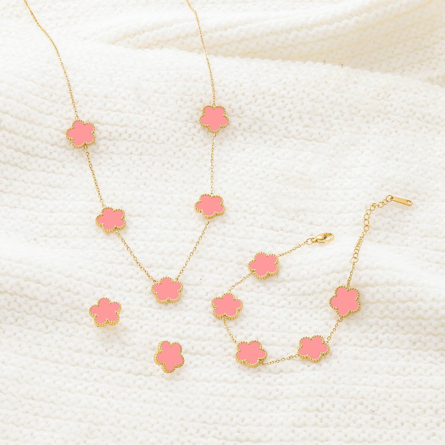 Five Leaf Clover Necklace Bracelet and Stud Earrings Set for Women Lucky Flower Jewelry (Pink-14K Gold Plated)