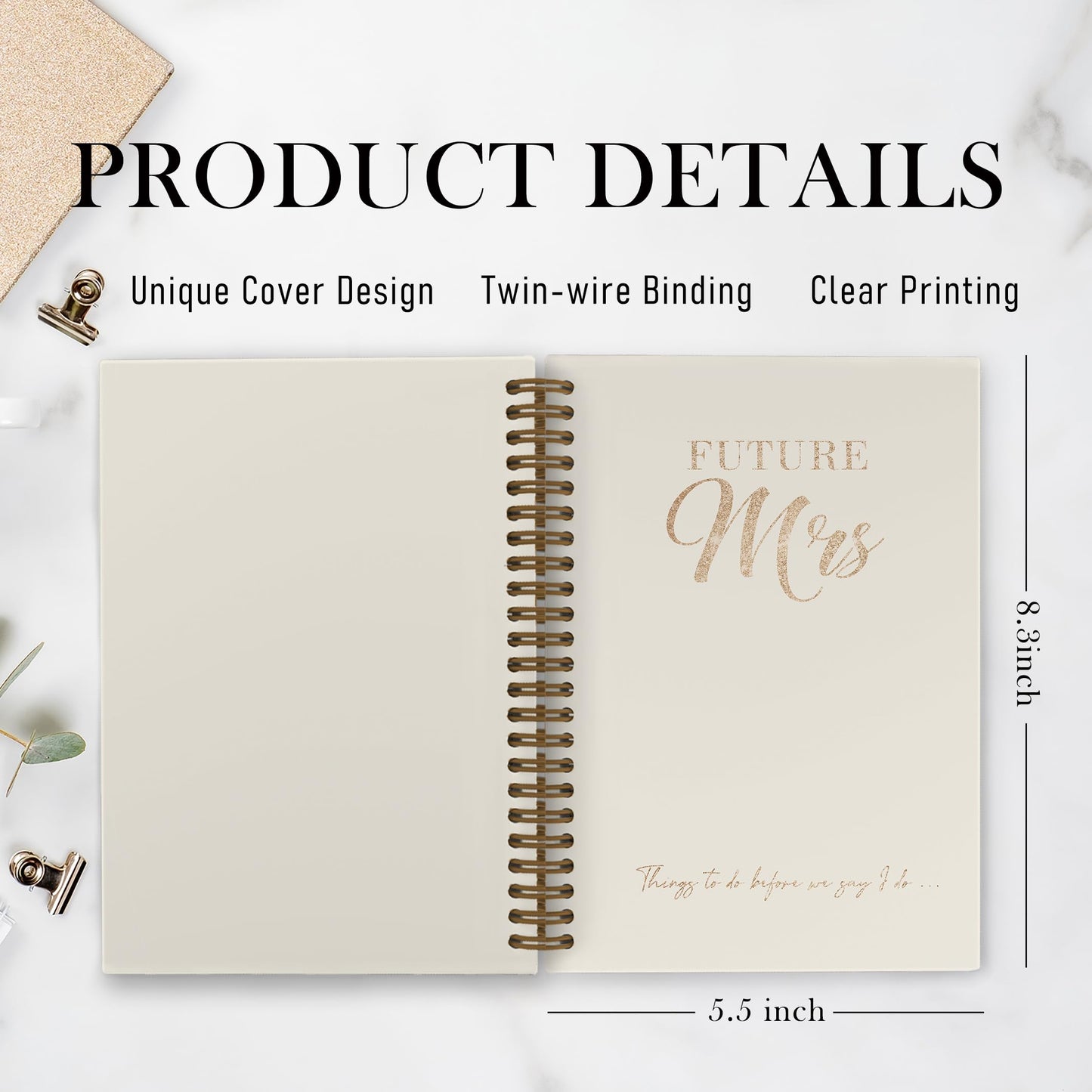 QLMX Gold Future Mrs Wedding Spiral Notebook, Engagement Bride Gifts Journal Notebook, Wedding Gift Notebooks, Engagement Bridal Office Supplies Gifts for Women, 5.5x8.3 Inch