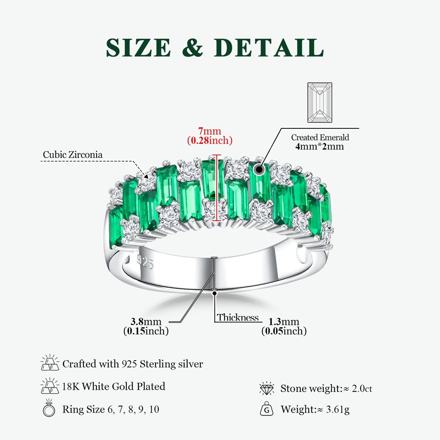 RANDES Emerald Eternity Band Rings for Women Emerald Engagement Ring Sterling Silver Green Stone Baguette Wedding Bands Anniversary Size 8
