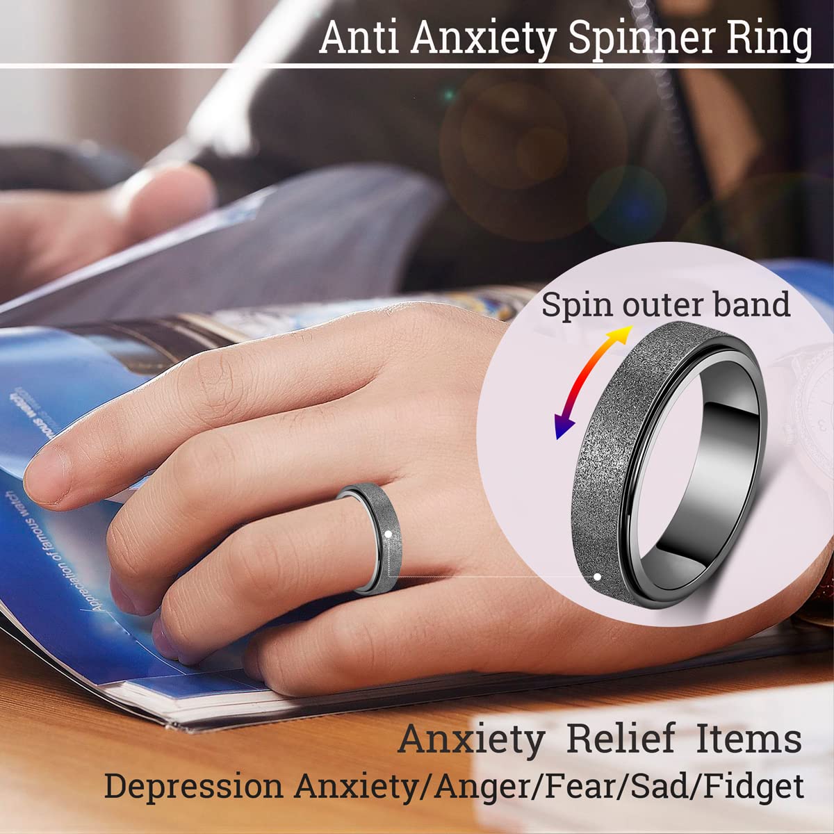 Anxiety Ring for Women Fidget Spinner Ring Fidget Toys Adults Titanium Stainless Steel Thumb Ring 6mm Wide Black Size 9