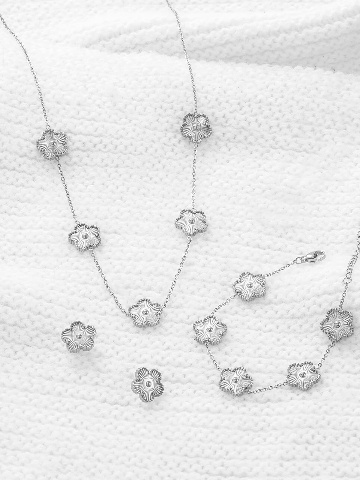 Qinpan Five Leaf Clover Necklace Bracelet and Stud Set for Women Lucky Flower Jewelry (Silver-Stainless Steel)