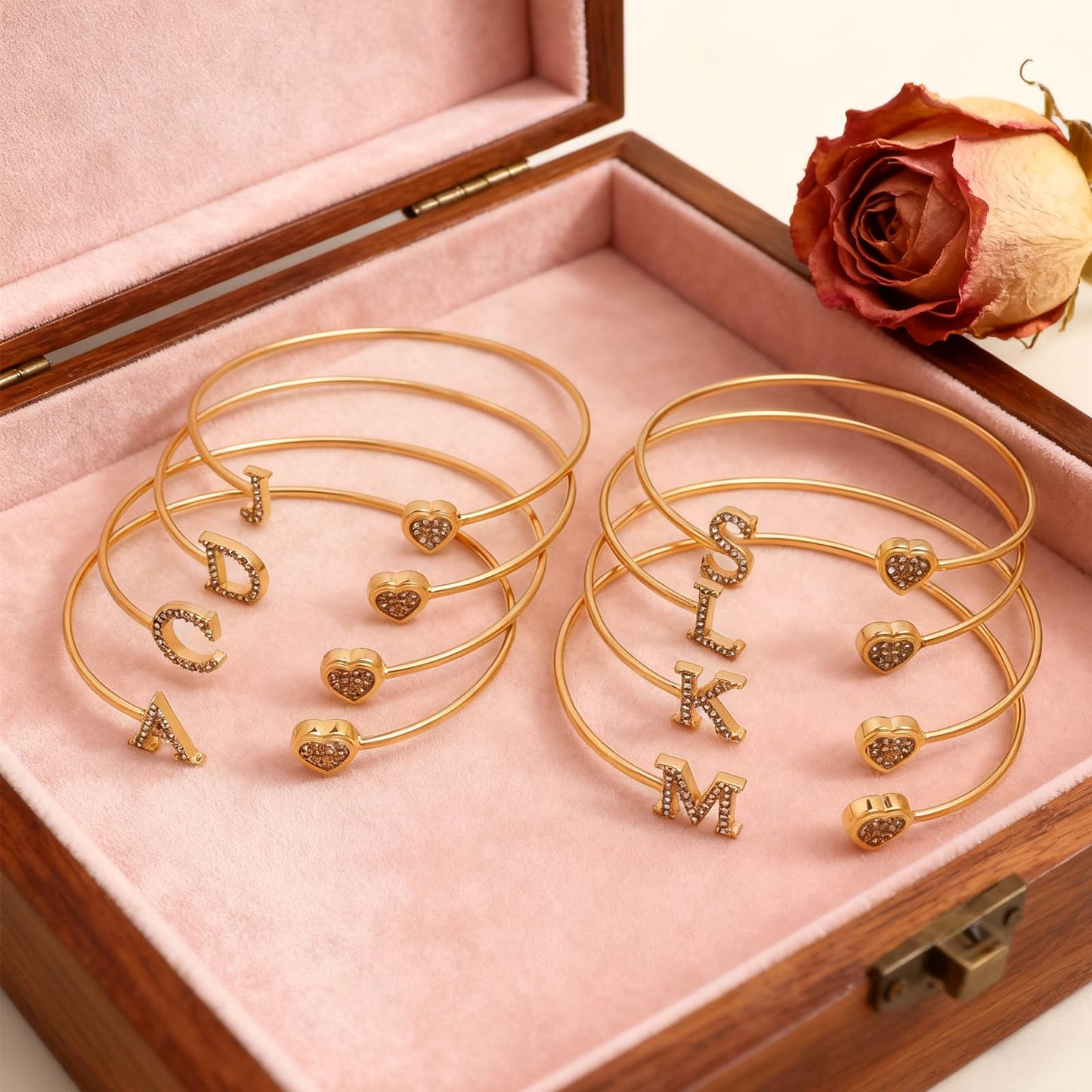 BXDA Trendy Gold Plated Heart Initial M Cuff Bangle Bracelet for Women, Handmade Statement Cubic Zirconia Stackable Open Letter Bracelets Fashion Jewelry Accessories Gift