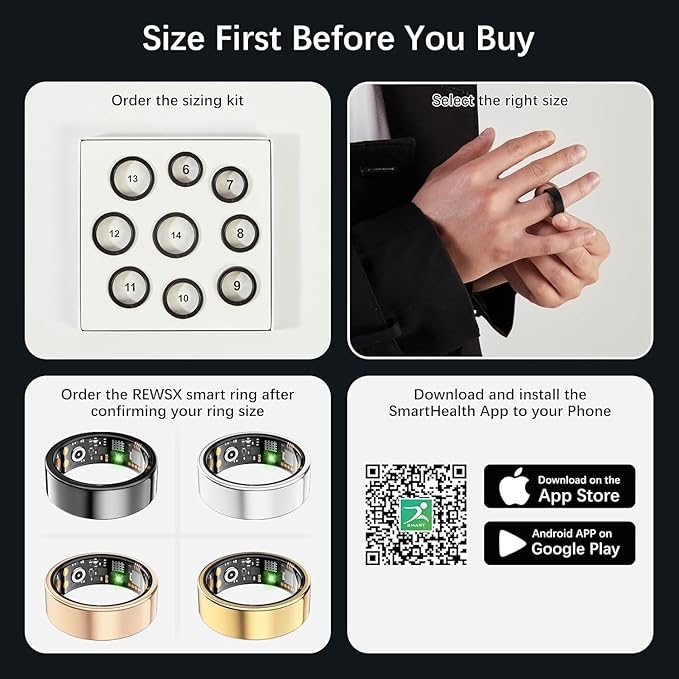 Smart Health Ring for Women Men, Fitness Tracker Ring with Heart Rate, Blood Oxygen, Sleep Tracker, Step Tracker, No Subscription Fee, IP68 Waterproof Smart Ring for iPhone & Android (Silver, 9#)