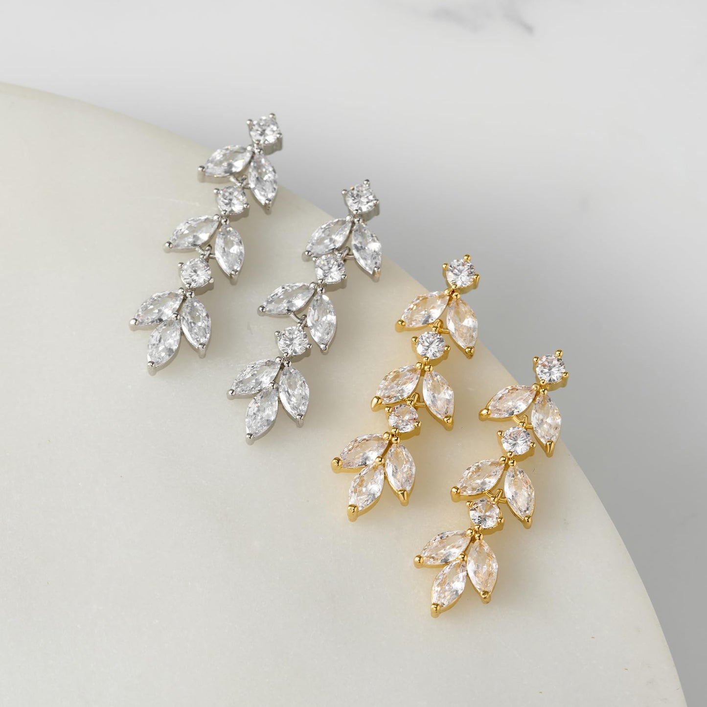 SWEETV Cubic Zirconia Wedding Earrings for Brides Bridesmaids, Elegant Marquise Bridal Dangling Earrings, Crystal Drop earrings for Women Jewelry Gifts (Gold)